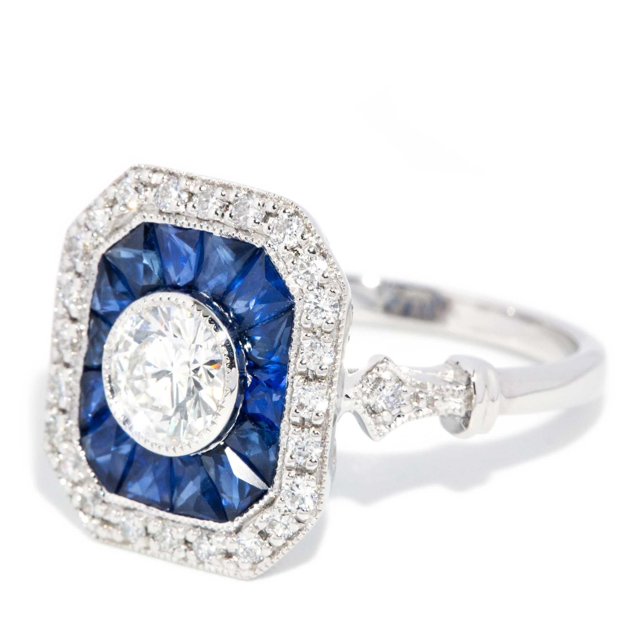 Contemporaneo Anello contemporaneo con zaffiro e diamante da 1,14 carati di ispirazione Art Deco in oro bianco 18 carati in vendita