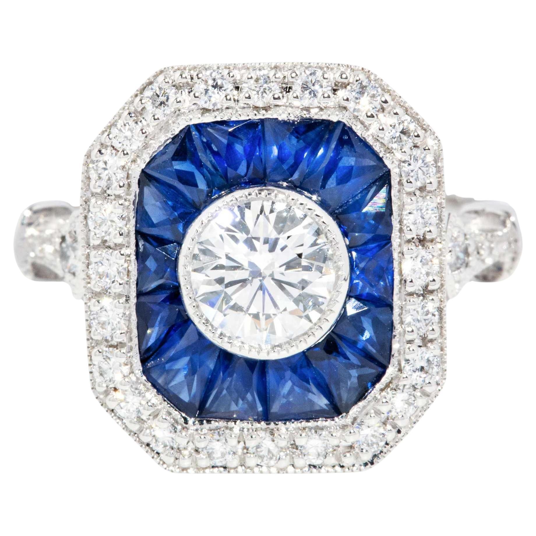 Contemporary Sapphire & 1,14ct Diamond Art Deco Inspired Ring 18ct Weißgold