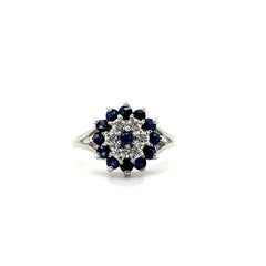 Contemporary Sapphire and Diamond 14k White Gold Cluster Ring