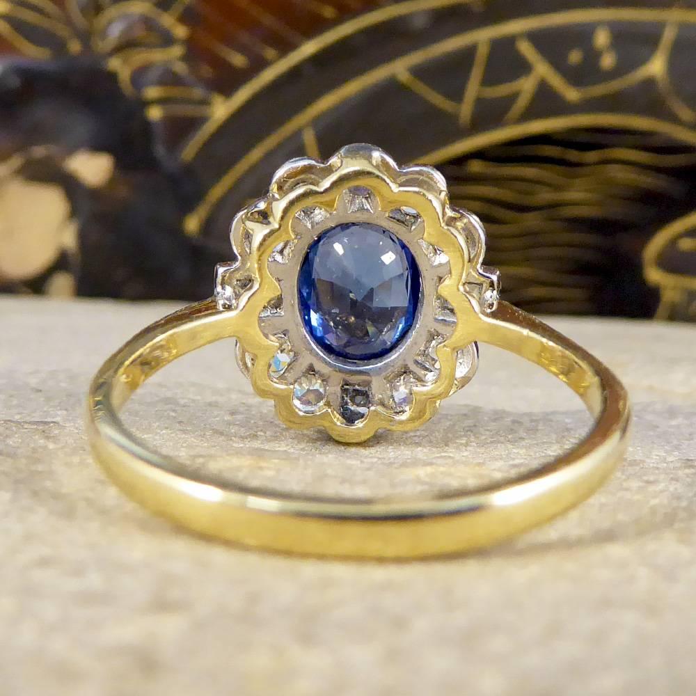 Oval Cut Contemporary Sapphire and Diamond Cluster 18 Carat Gold Ring