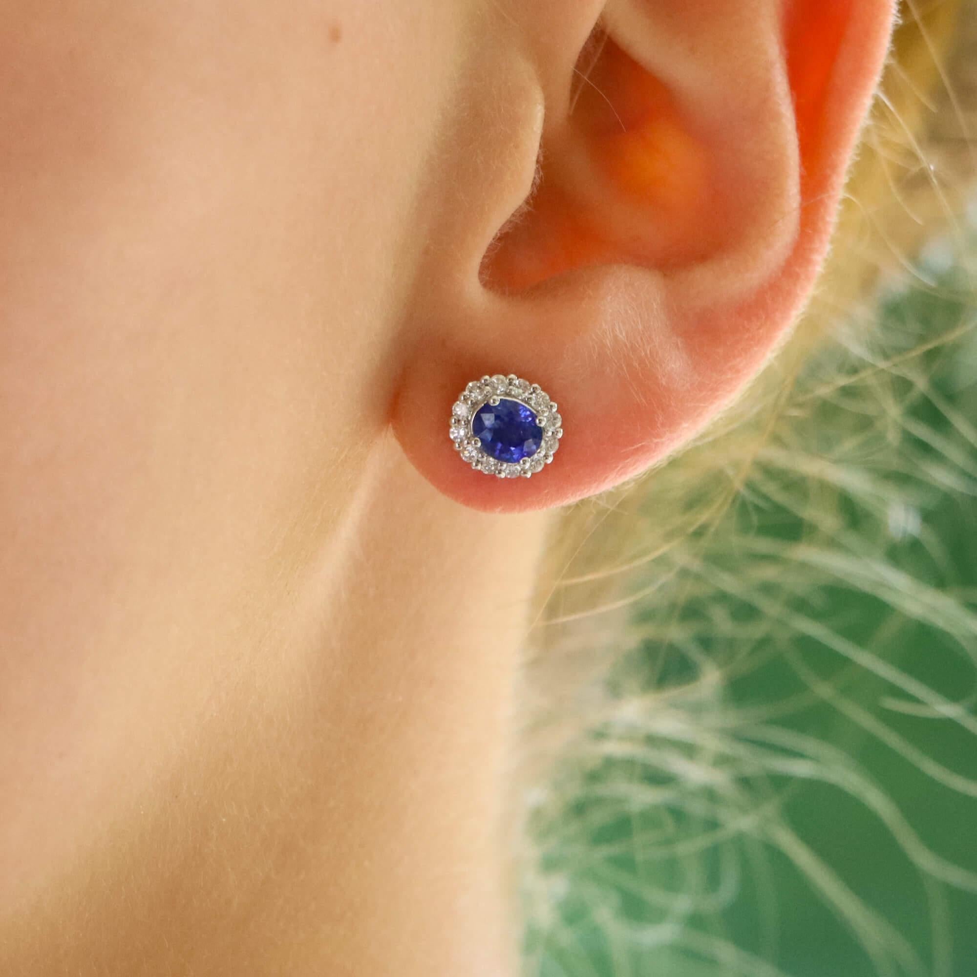 Modern Contemporary Sapphire and Diamond Cluster Earrings Set in 18k White Gold
