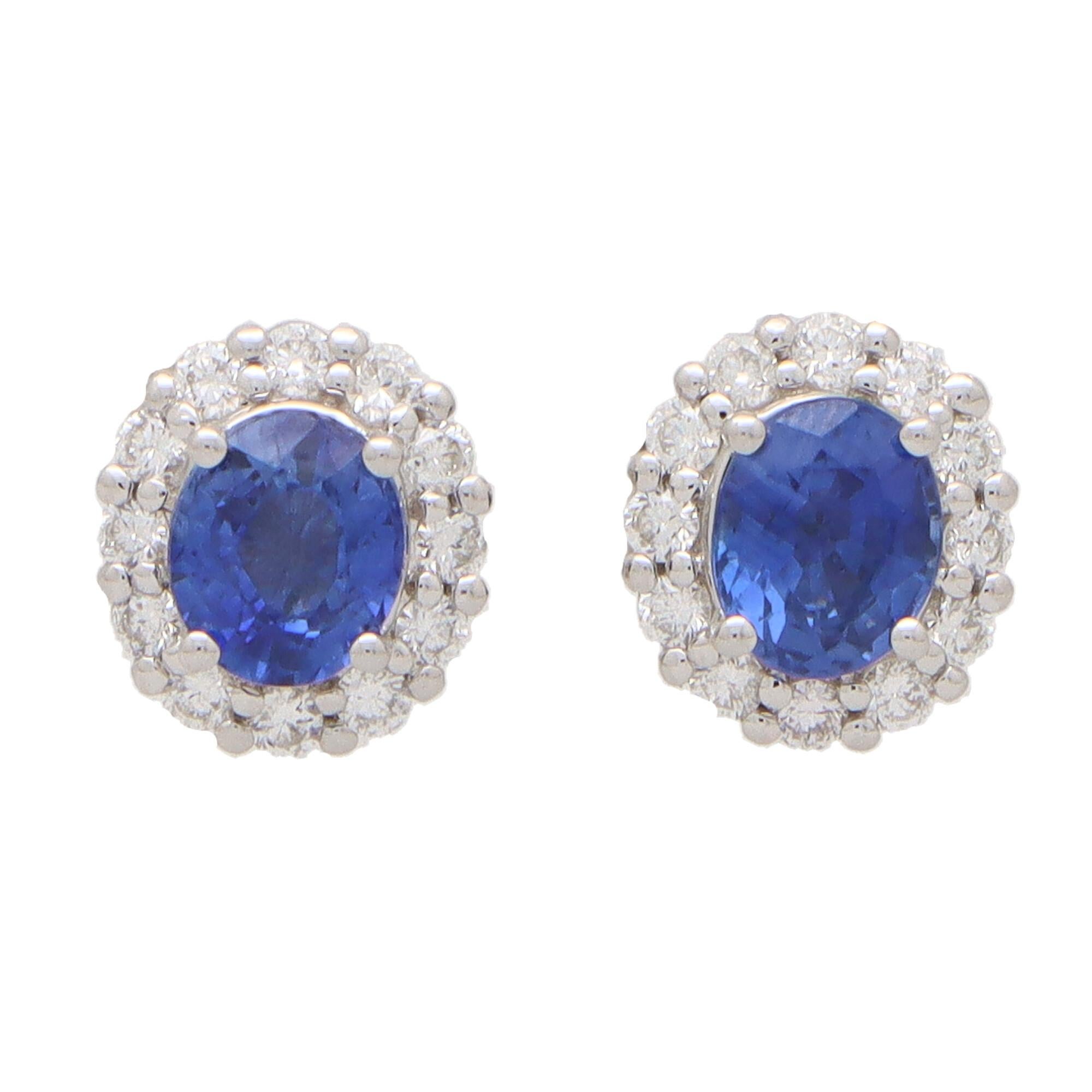 Women's or Men's Contemporary Sapphire and Diamond Cluster Earrings Set in 18k White Gold