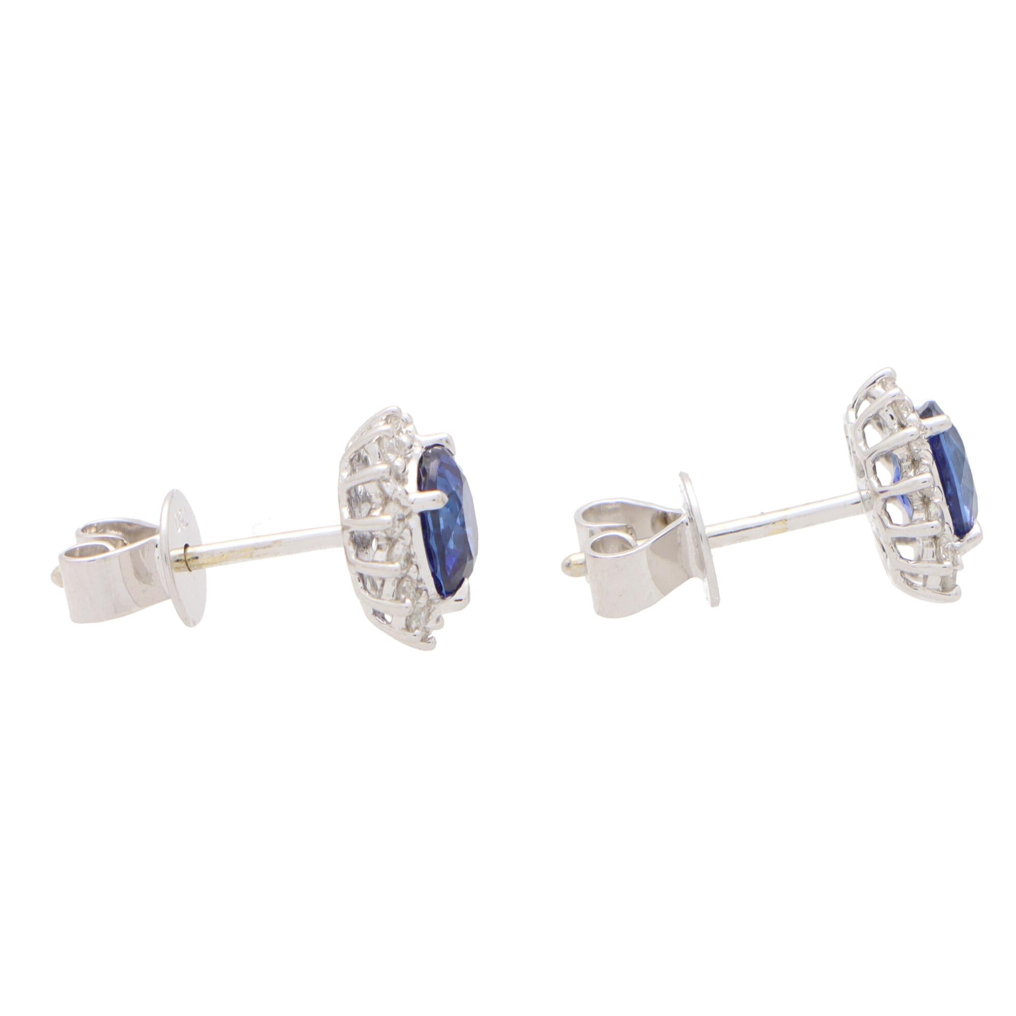 Oval Cut Contemporary Sapphire and Diamond Earring in 18k White Gold