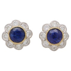 Contemporary Sapphire and Diamond Floral Cluster Earrings in 18k Gold