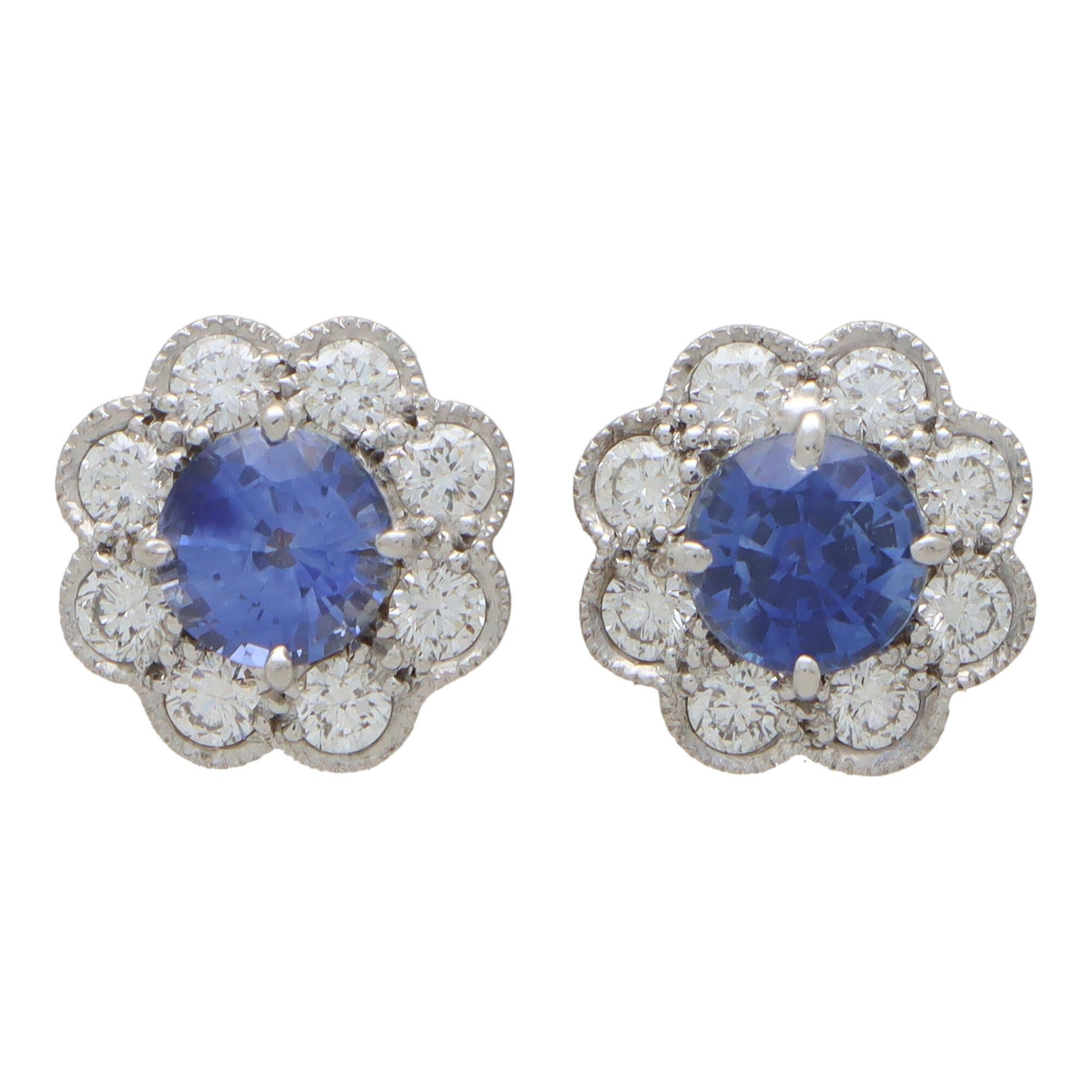 Round Cut Contemporary Sapphire and Diamond Floral Cluster Earrings in Gold