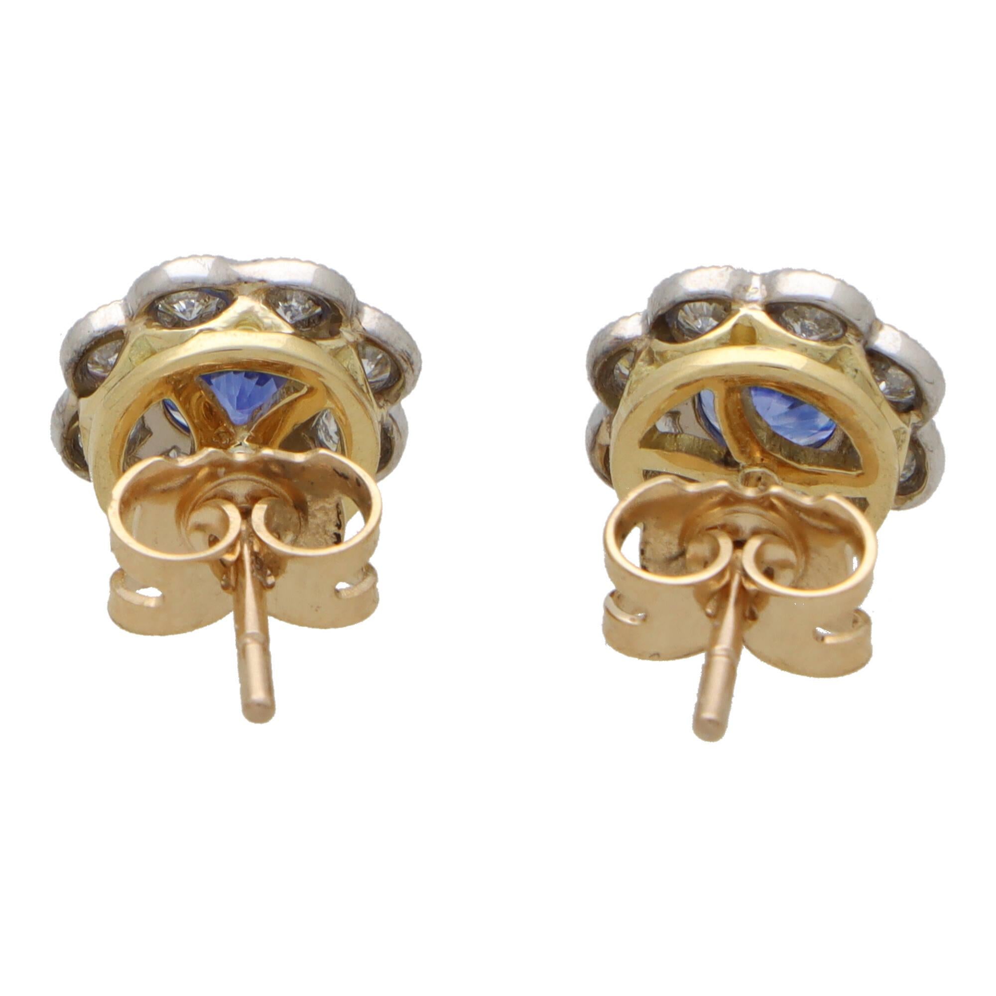 Women's or Men's Contemporary Sapphire and Diamond Floral Cluster Earrings in Gold