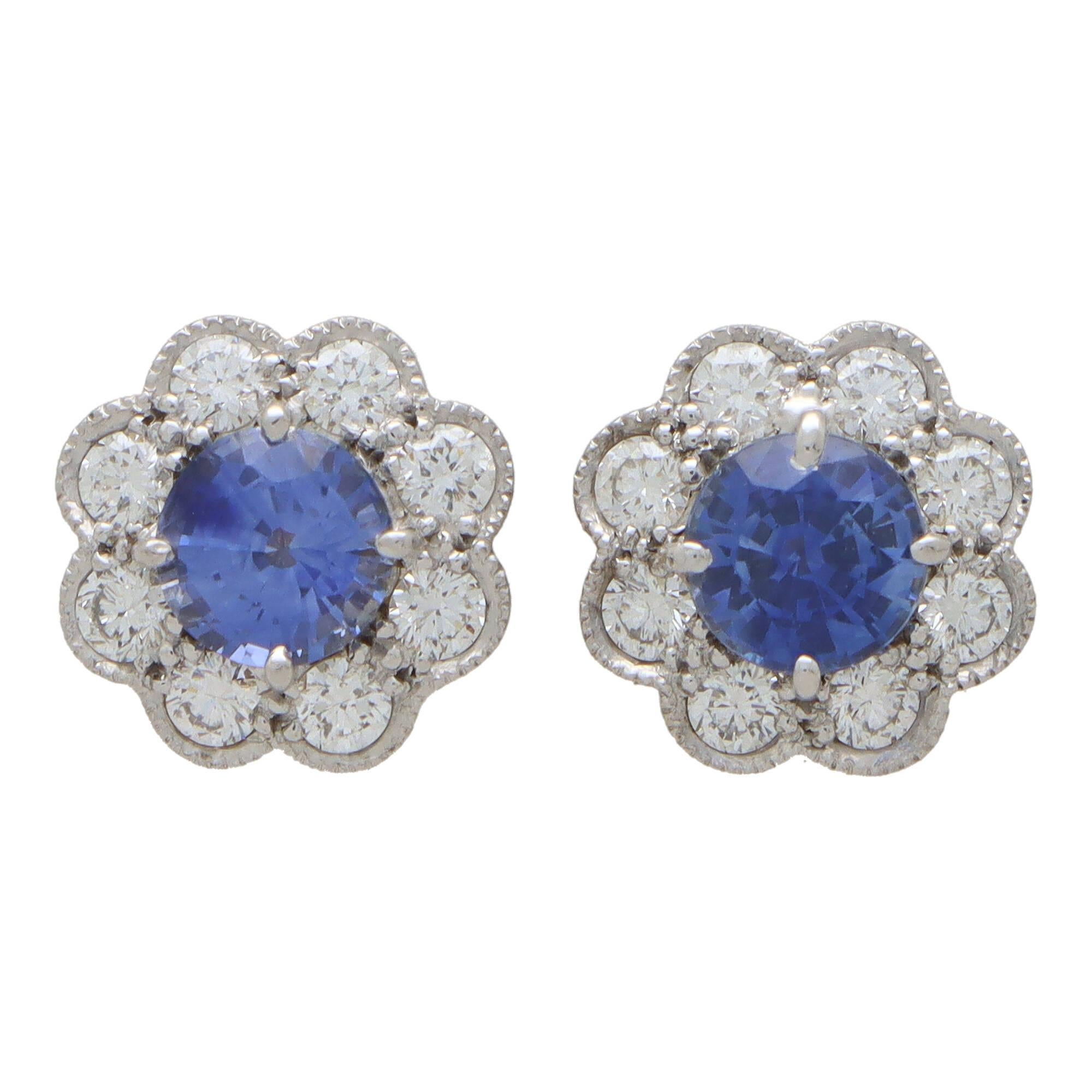 Contemporary Sapphire and Diamond Floral Cluster Earrings in Gold