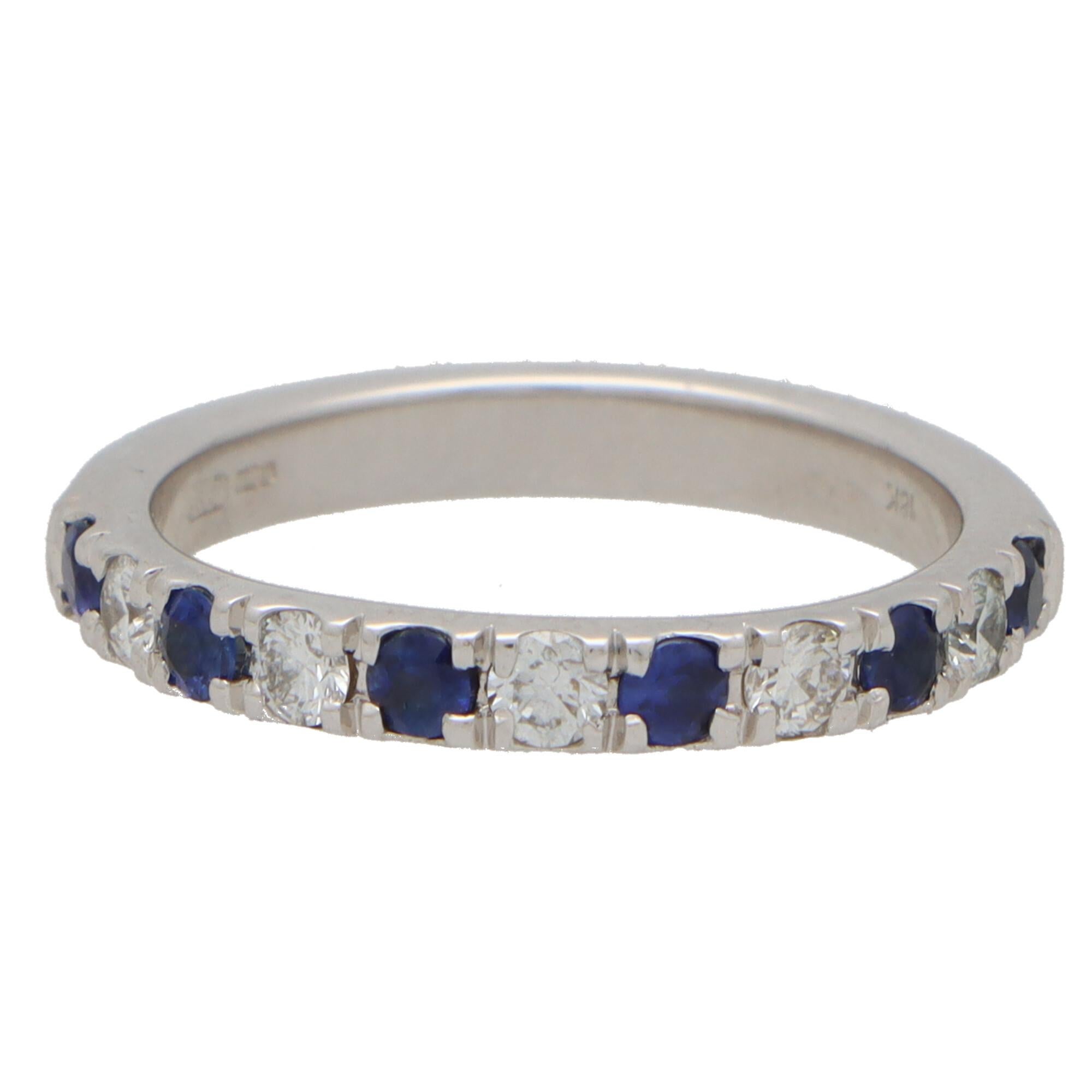 Contemporary Sapphire and Diamond Half Eternity Band Ring in 18k White Gold In New Condition For Sale In London, GB