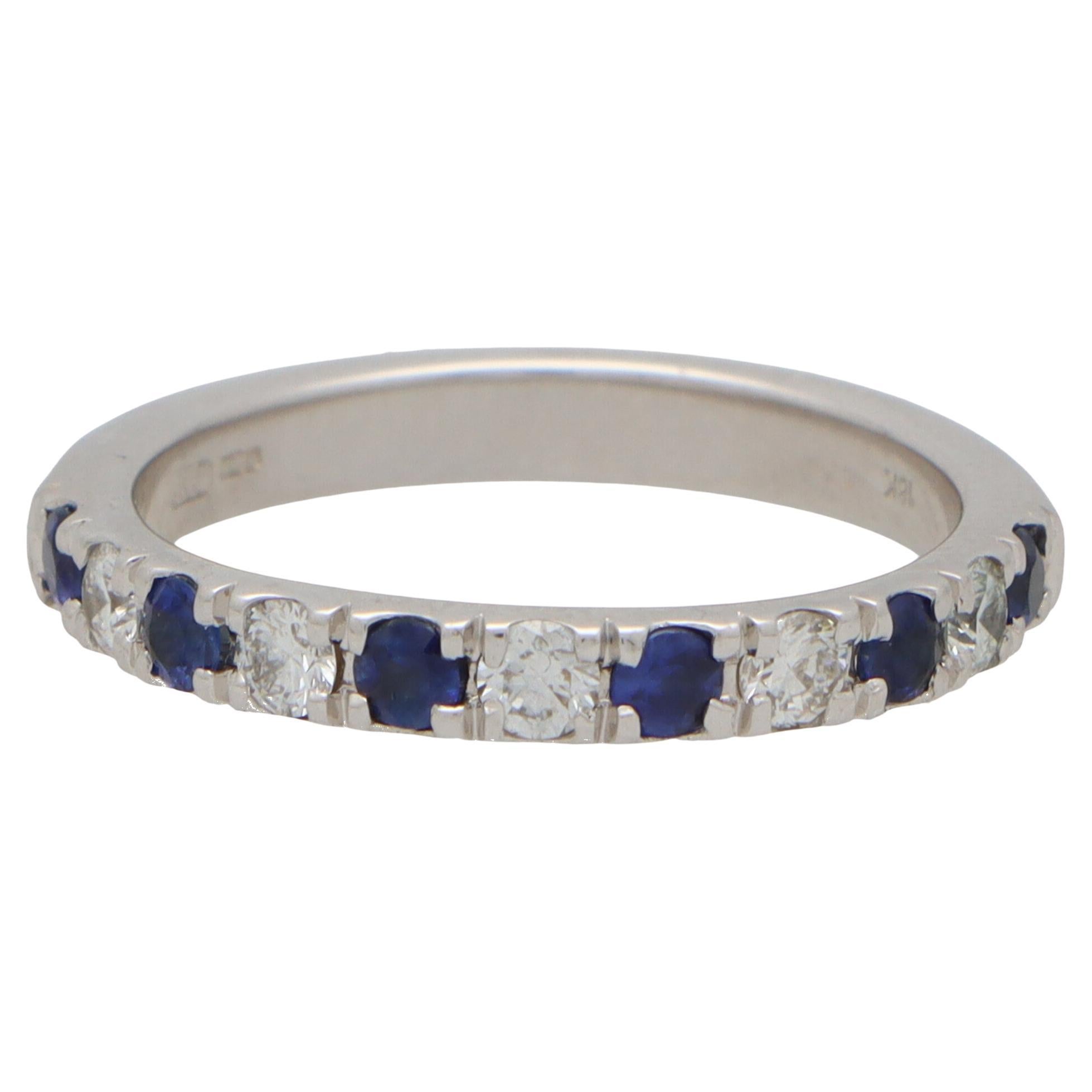 Contemporary Sapphire and Diamond Half Eternity Band Ring in 18k White Gold For Sale