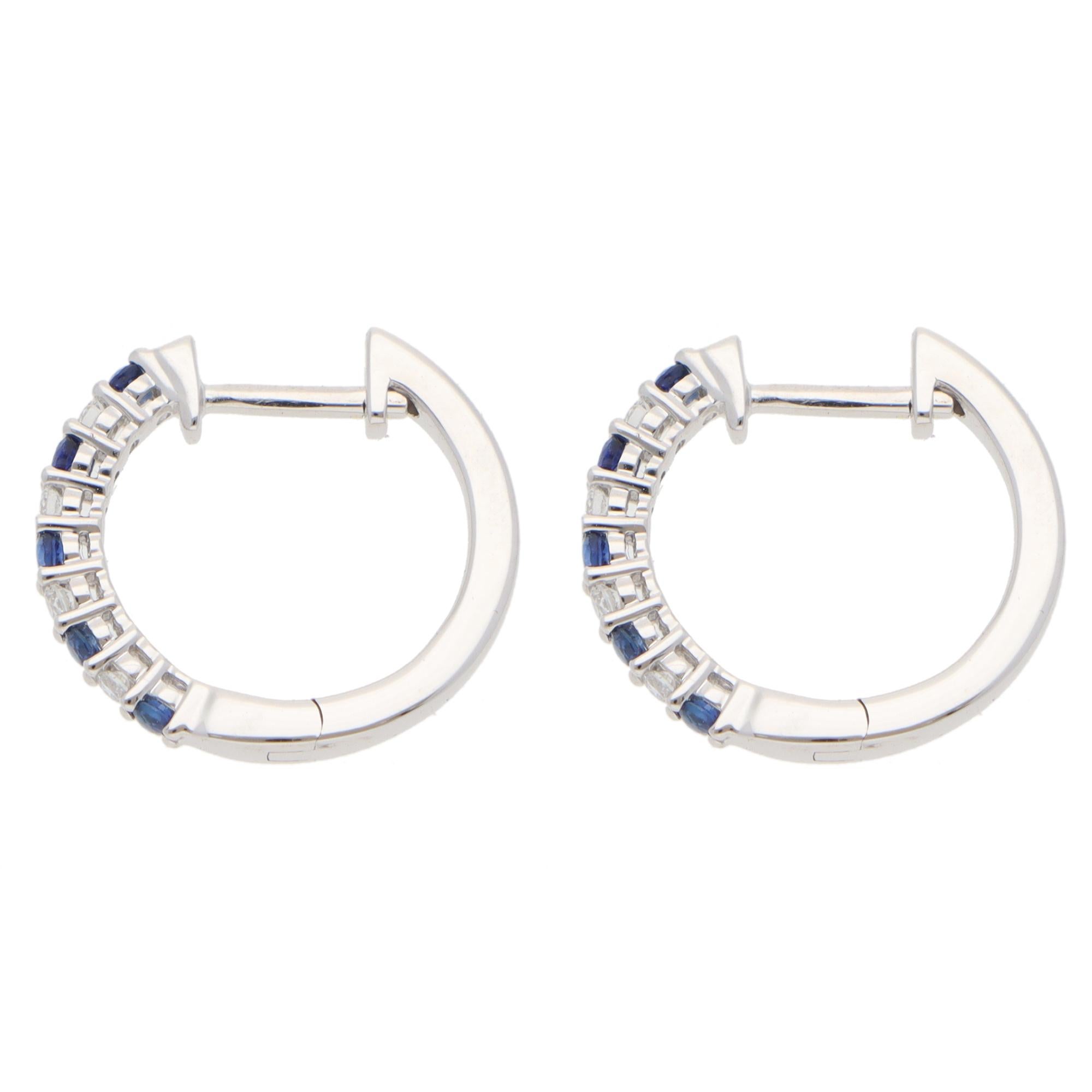 Modern Contemporary Sapphire and Diamond Hoop Earrings in White Gold For Sale