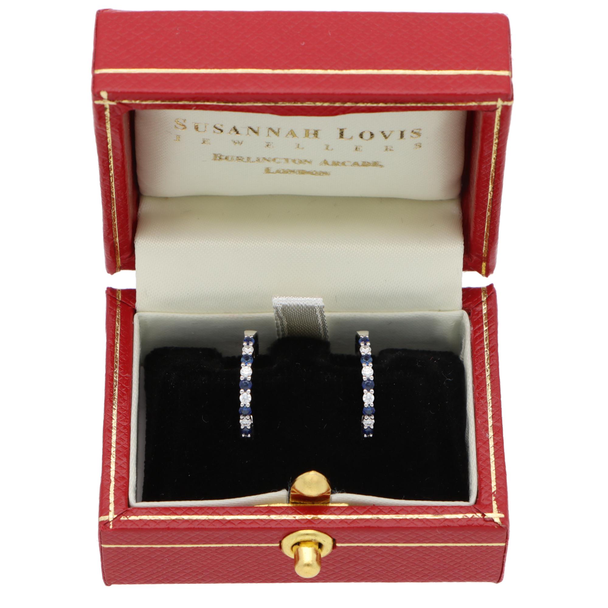 Brilliant Cut Contemporary Sapphire and Diamond Hoop Earrings in White Gold For Sale