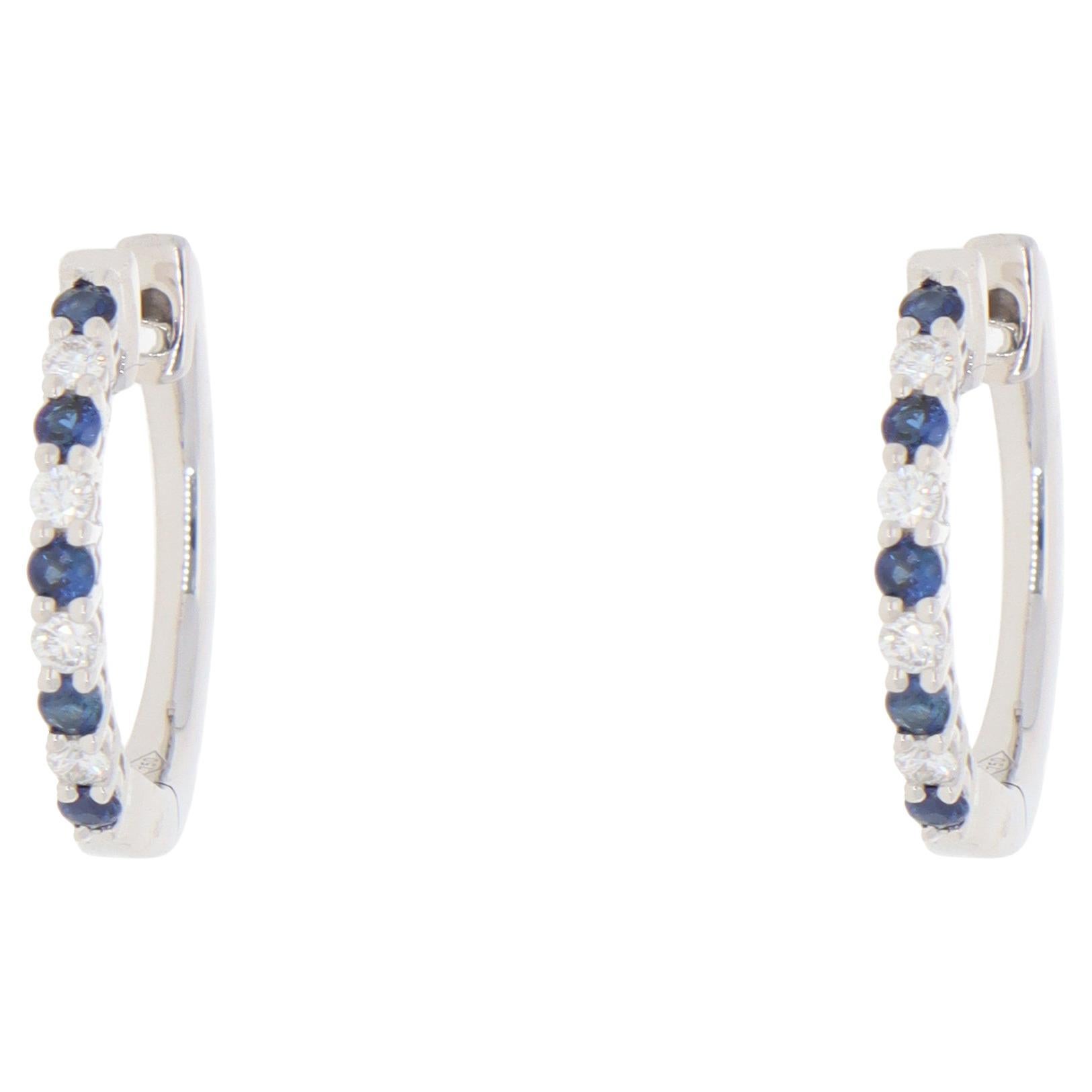 Contemporary Sapphire and Diamond Hoop Earrings in White Gold