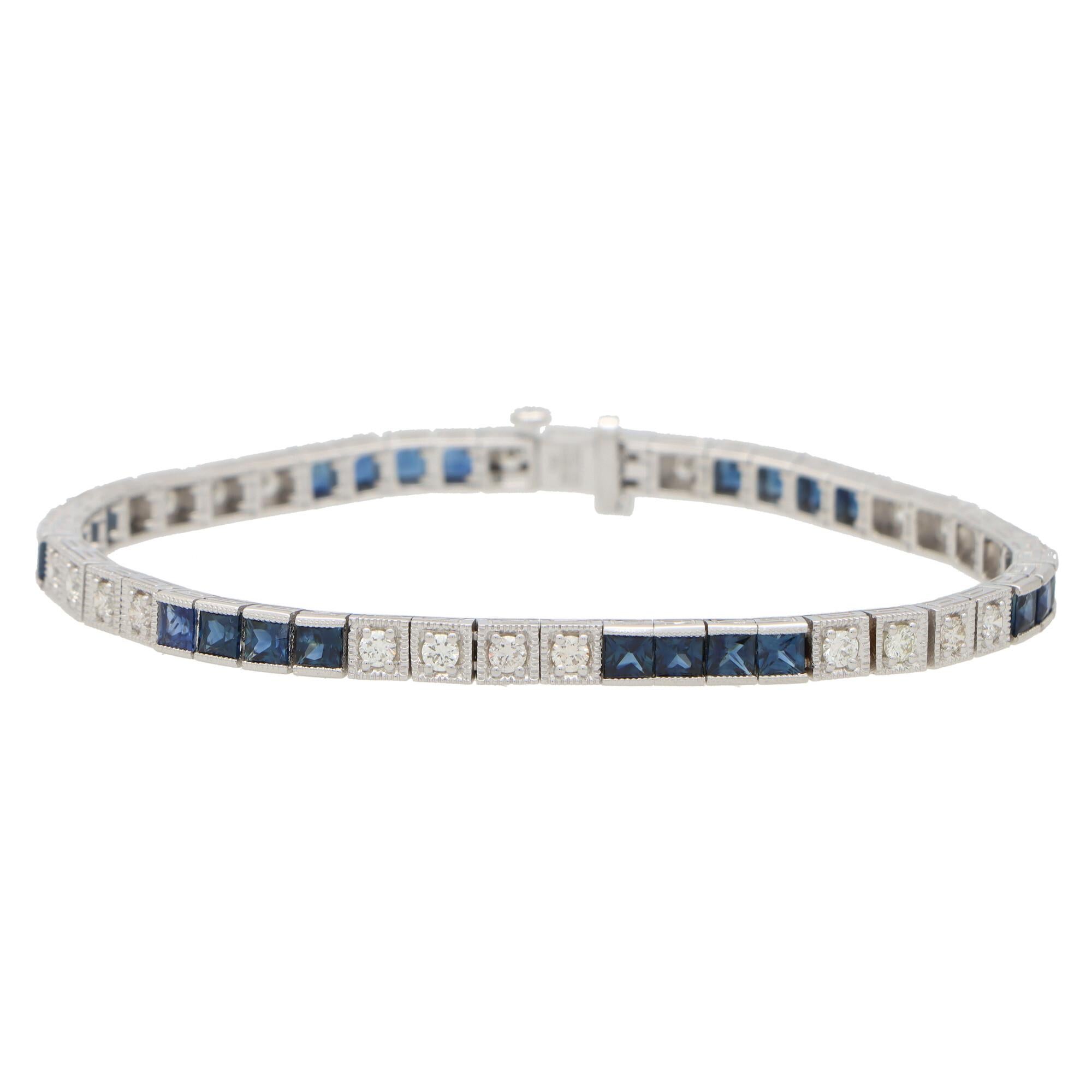 Modern Contemporary Sapphire and Diamond Line Tennis Bracelet Set in 18k White Gold For Sale