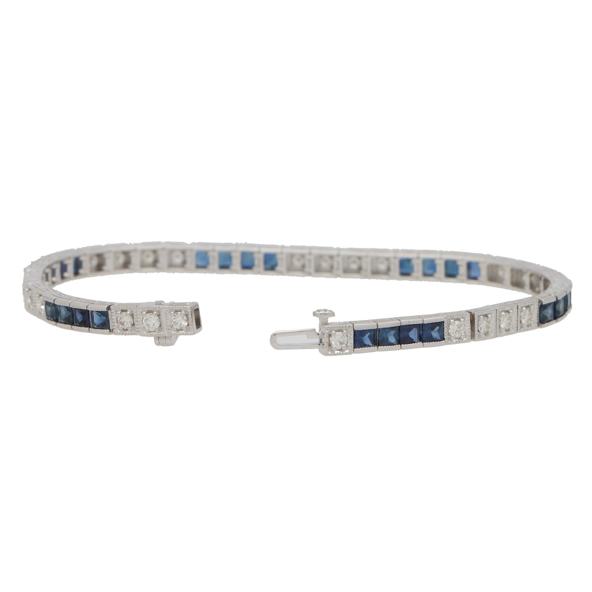 Round Cut Contemporary Sapphire and Diamond Line Tennis Bracelet Set in 18k White Gold For Sale