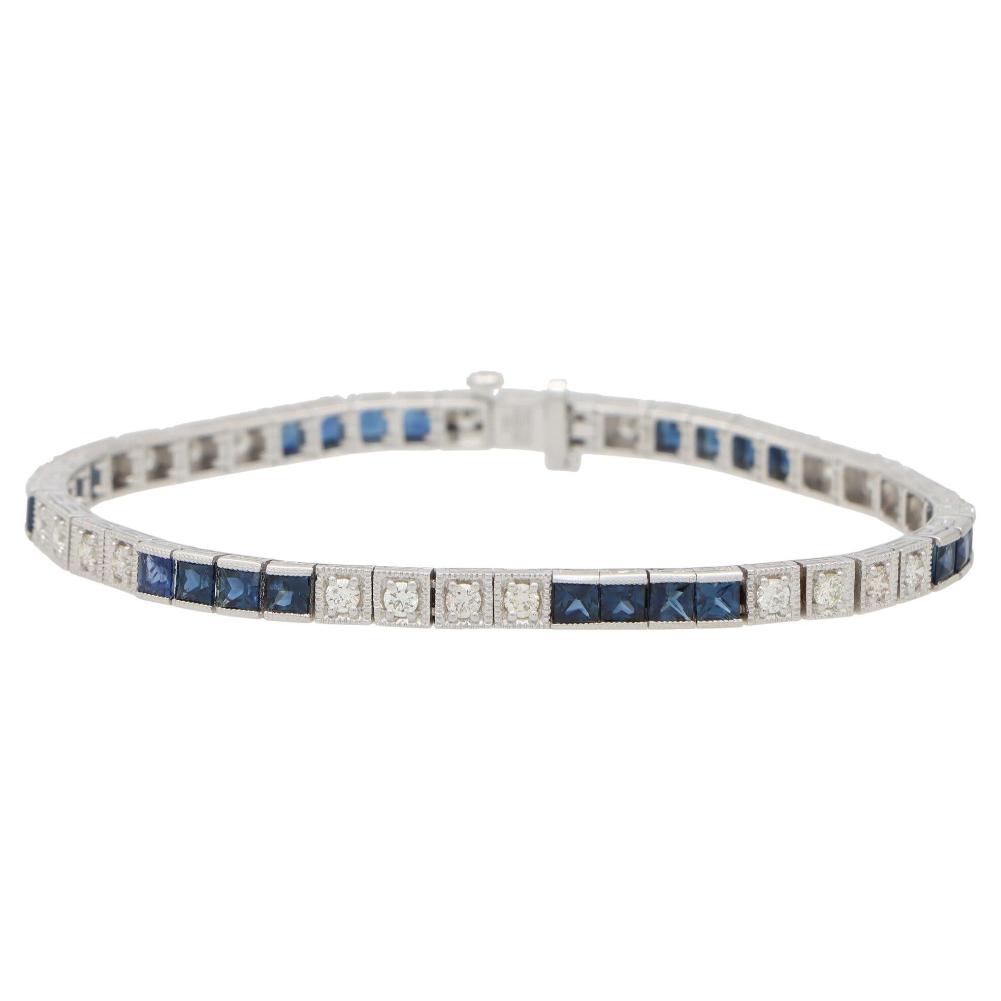 Contemporary Sapphire and Diamond Line Tennis Bracelet Set in 18k White Gold For Sale