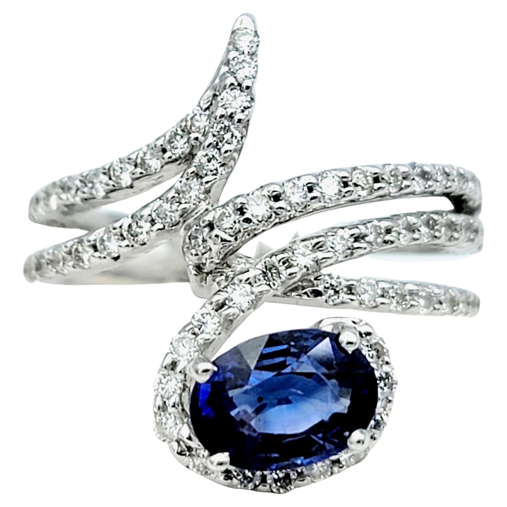 Contemporary Sapphire and Diamond Split Shank Bypass Wrap Ring in 18 Karat Gold For Sale