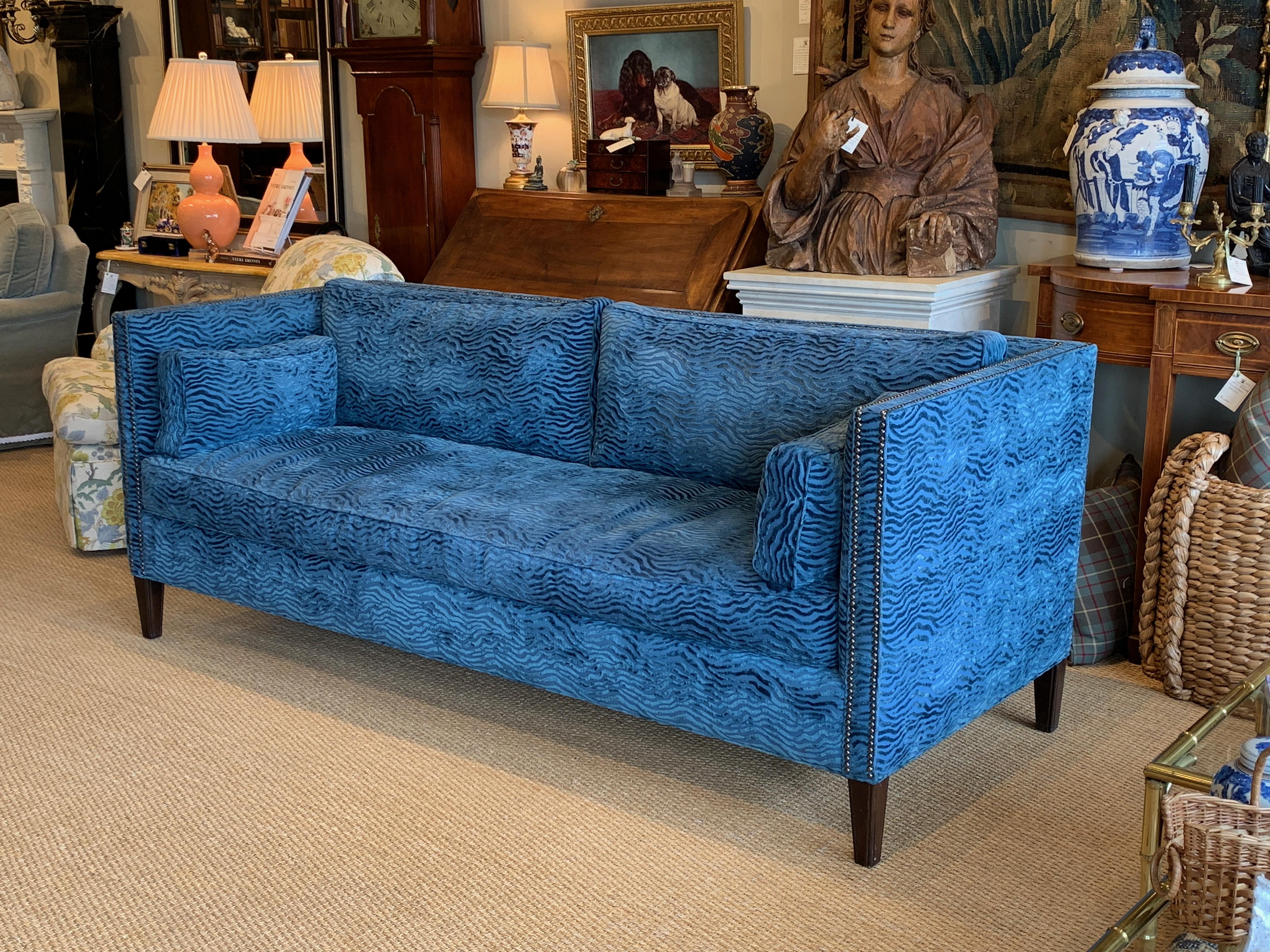Contemporary Sapphire Blue Velvet Single Cushion Sofa 3
