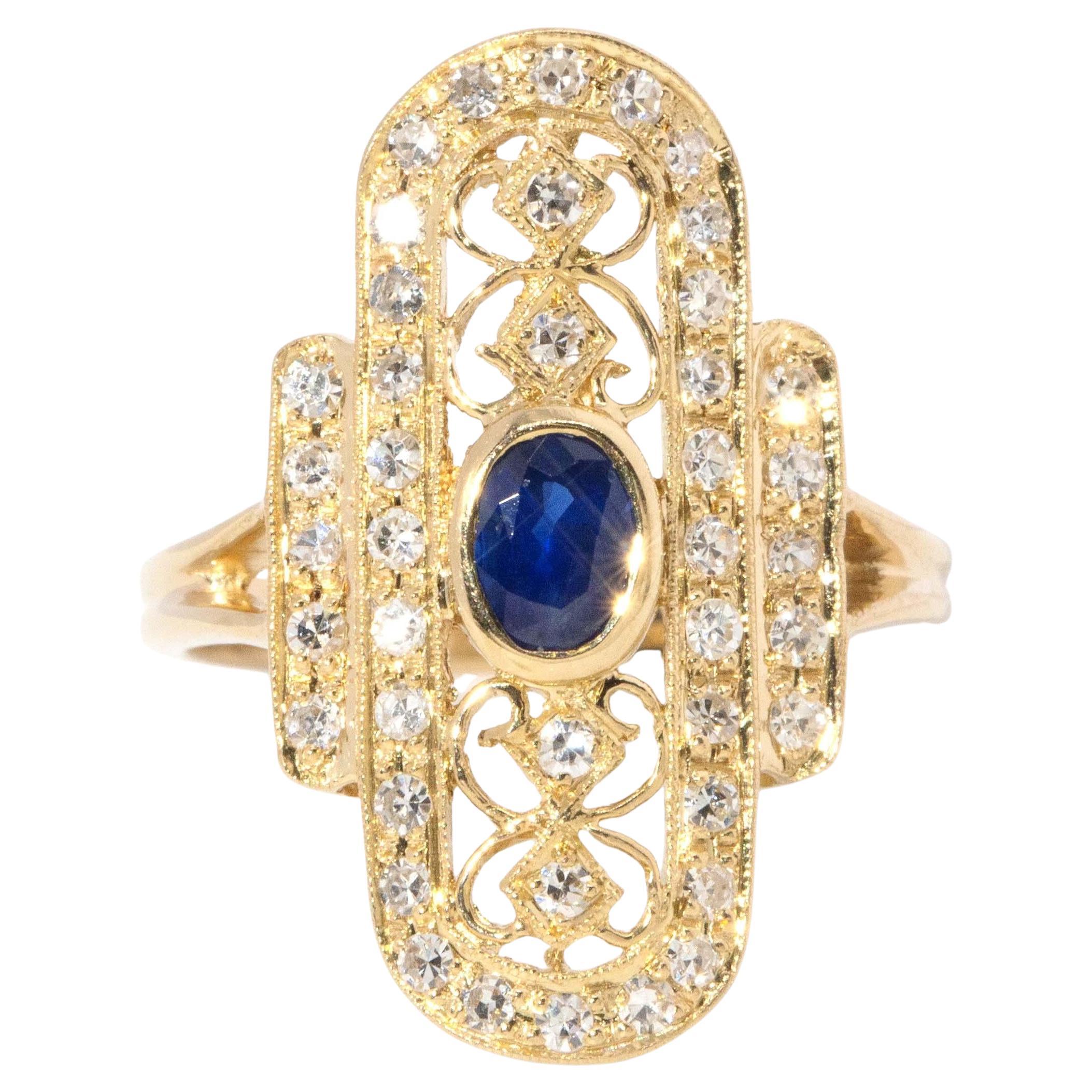 Contemporary Sapphire & Diamond Art Deco Inspired Ring 18 Carat Yellow Gold