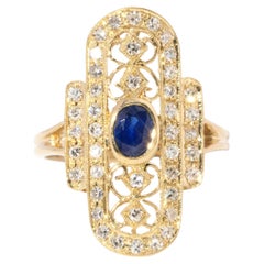 Contemporary Sapphire & Diamond Art Deco Inspired Ring 18 Carat Yellow Gold