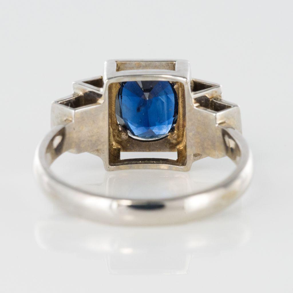 Art Deco Style Sapphire Diamond 18 Karat White Gold Ring For Sale 6