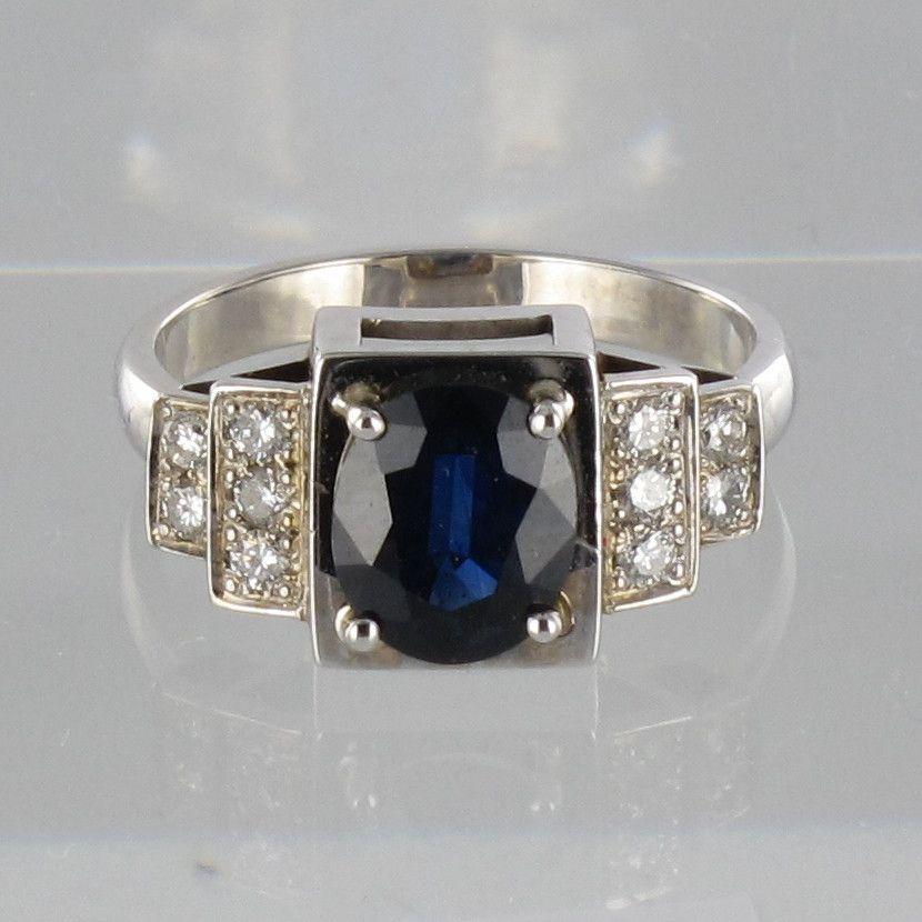 Art Deco Style Sapphire Diamond 18 Karat White Gold Ring For Sale 7