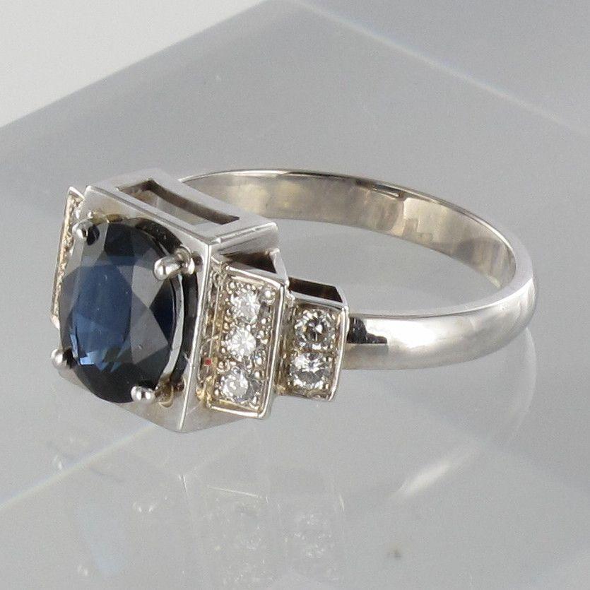 Art Deco Style Sapphire Diamond 18 Karat White Gold Ring For Sale 8