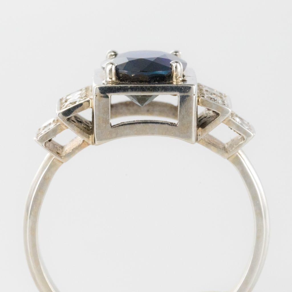 Art Deco Style Sapphire Diamond 18 Karat White Gold Ring For Sale 9