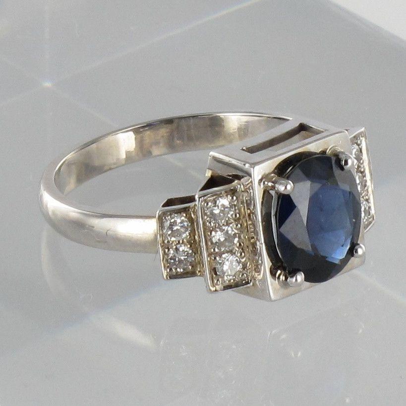 Art Deco Style Sapphire Diamond 18 Karat White Gold Ring For Sale 10