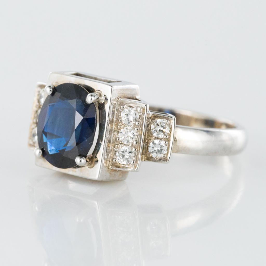 Oval Cut Art Deco Style Sapphire Diamond 18 Karat White Gold Ring For Sale