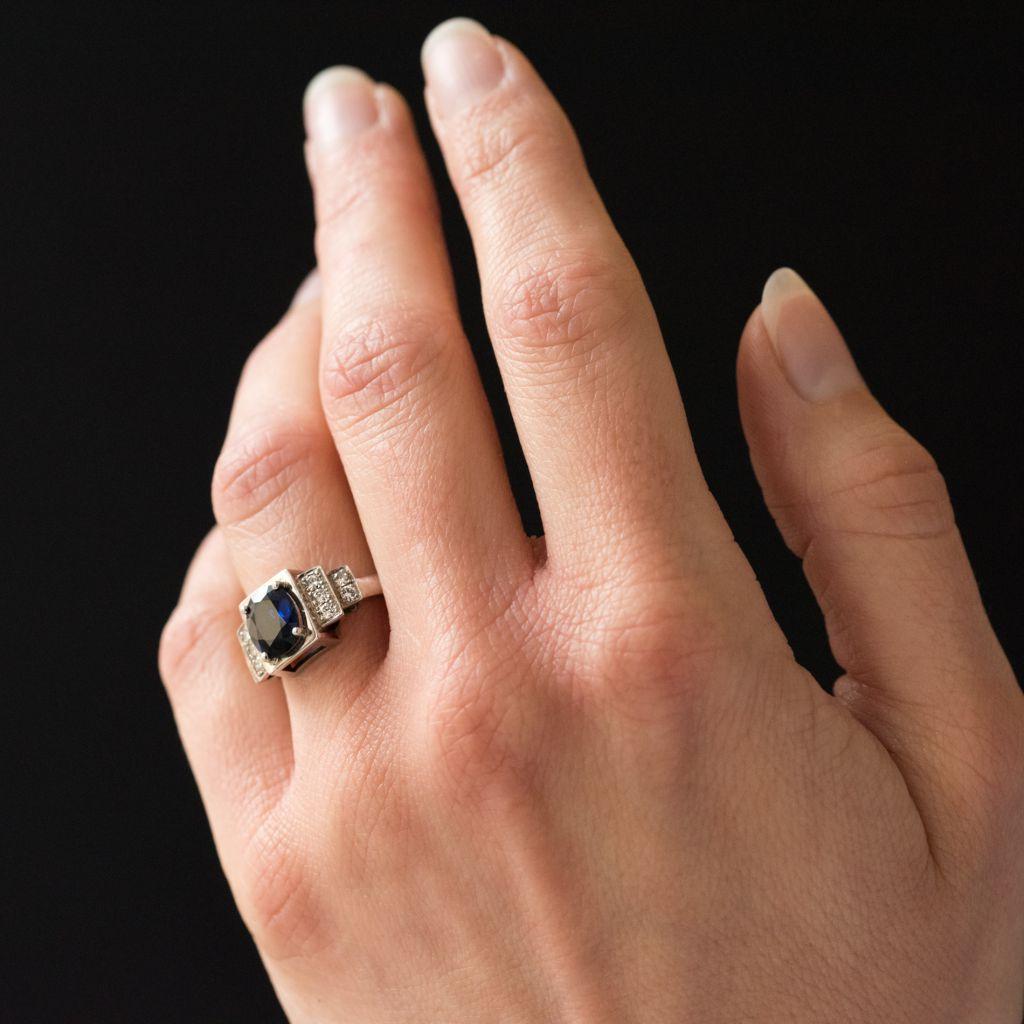 Art Deco Style Sapphire Diamond 18 Karat White Gold Ring For Sale 1