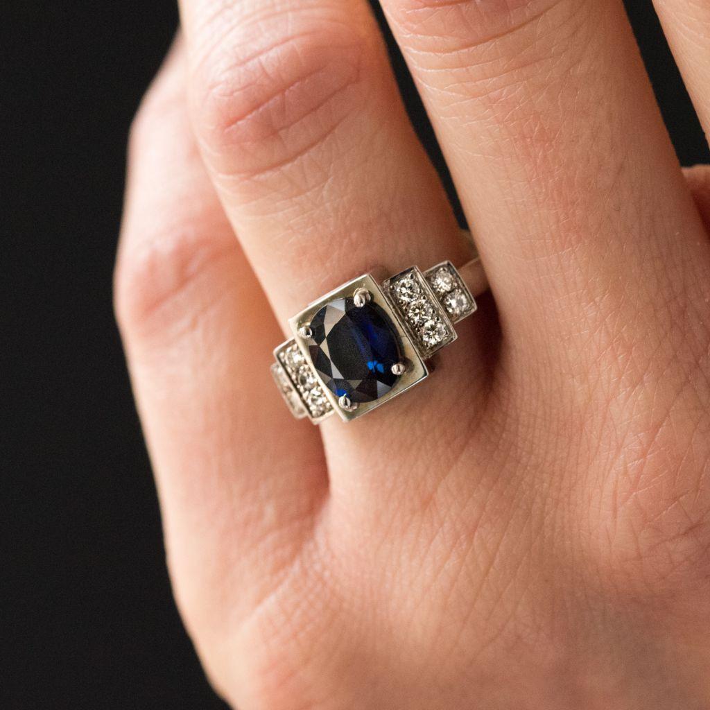Art Deco Style Sapphire Diamond 18 Karat White Gold Ring For Sale 2
