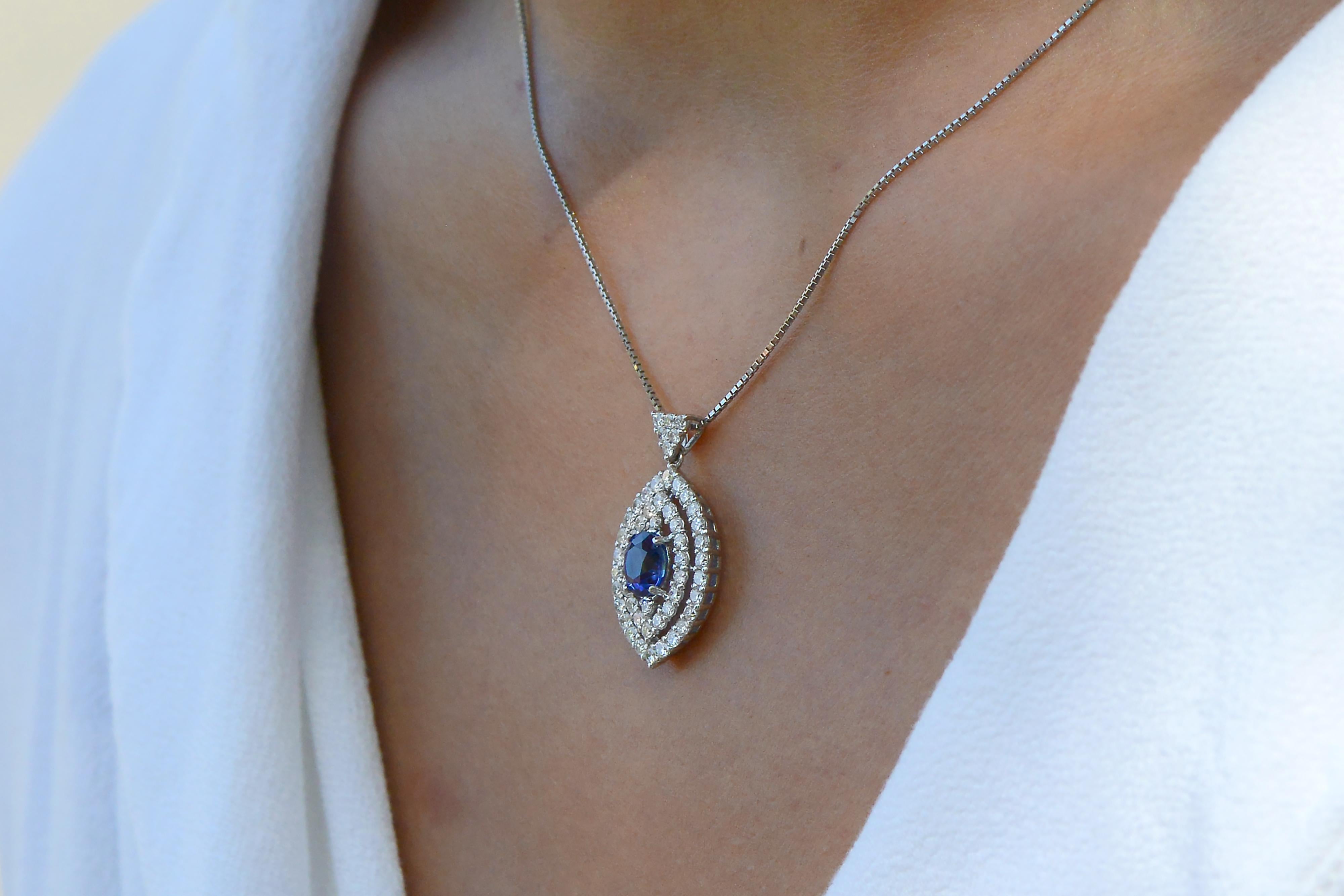 Oval Cut Contemporary Sapphire Diamond Navette Necklace For Sale