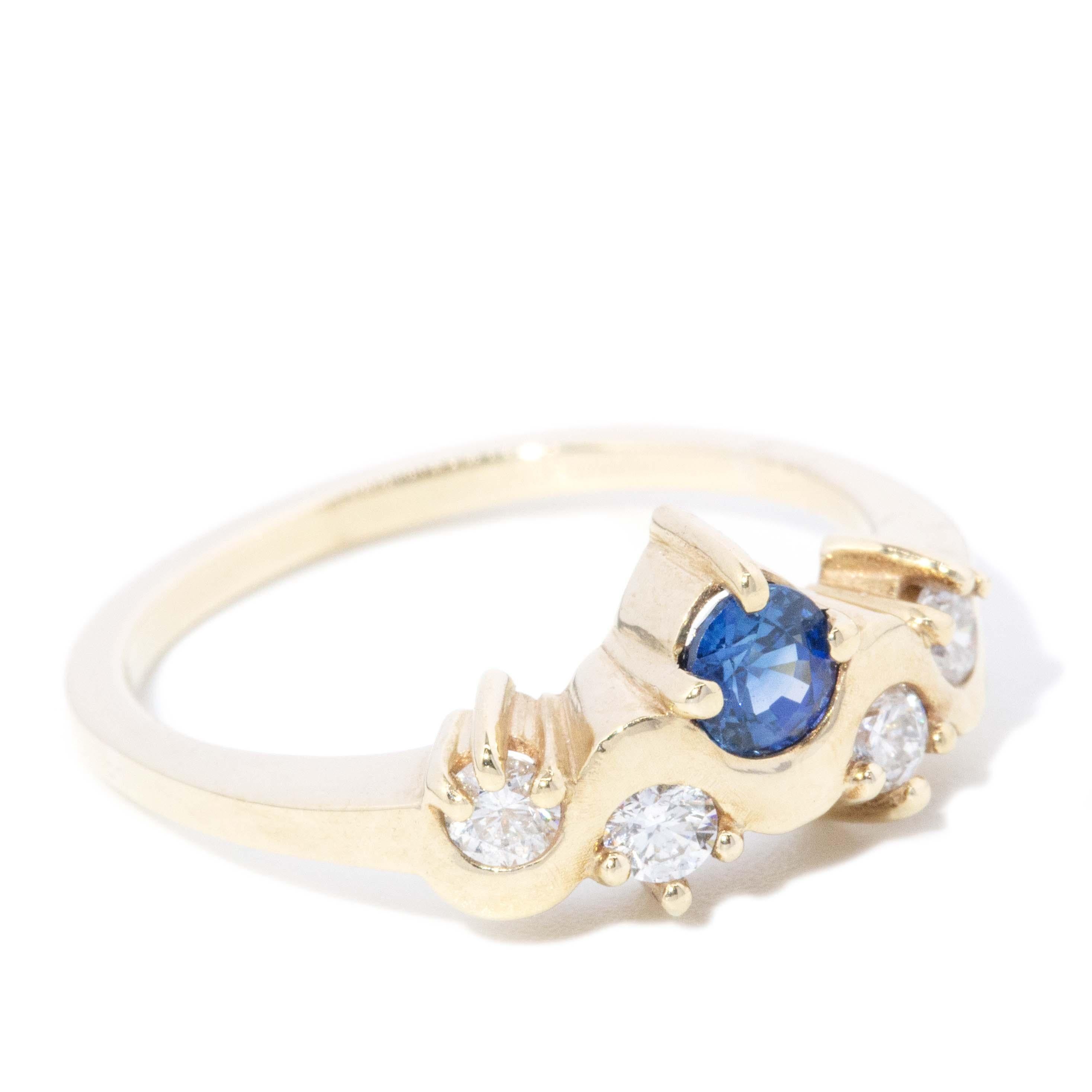 Contemporary Sapphire & Diamond Ripple Ring 9 Carat Yellow Gold In Good Condition For Sale In Hamilton, AU