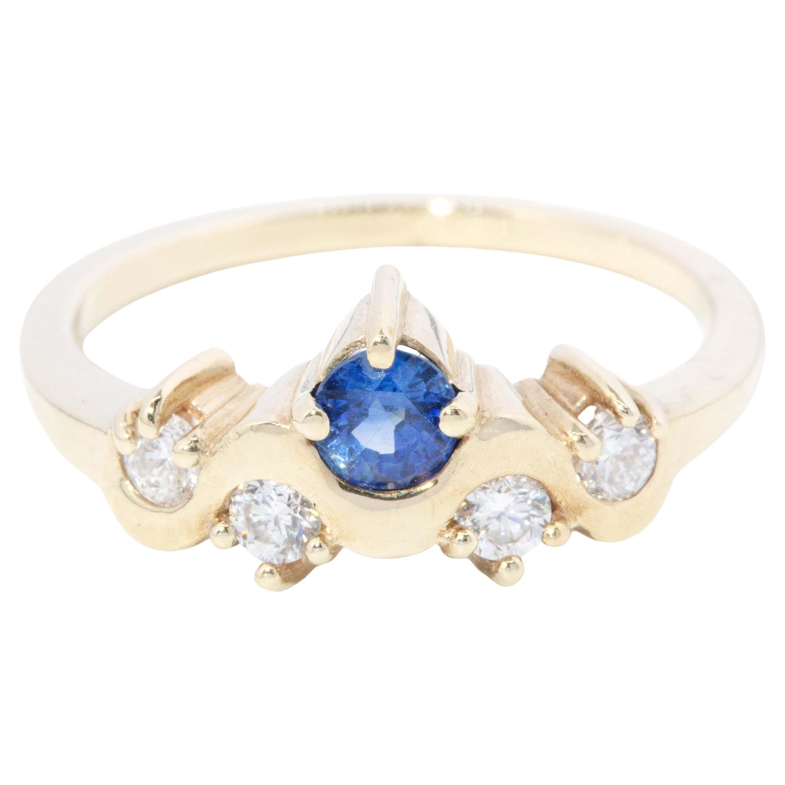 Contemporary Sapphire & Diamond Ripple Ring 9 Carat Yellow Gold For Sale