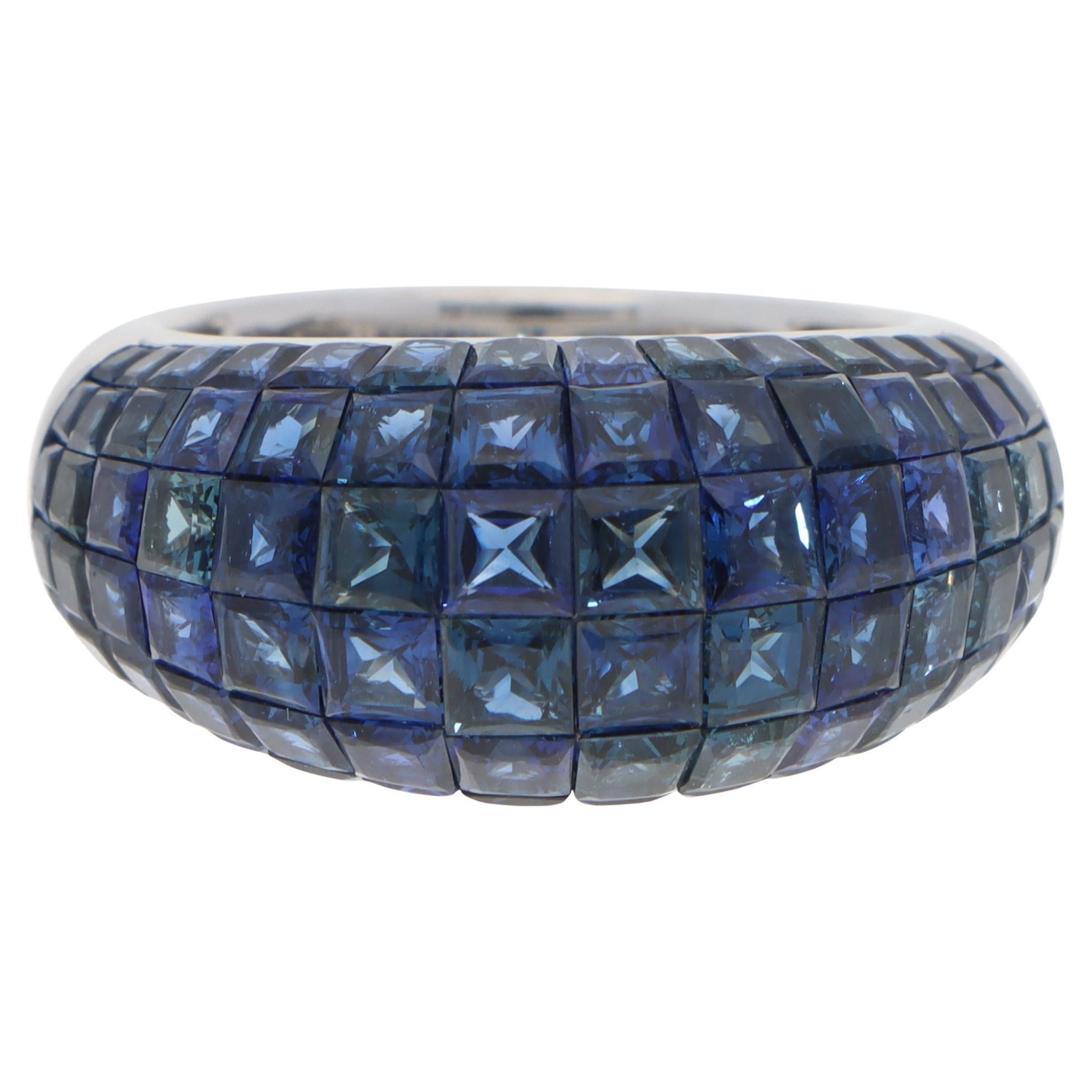 Contemporary Sapphire Invisible Set Bombe Ring in White Gold For Sale