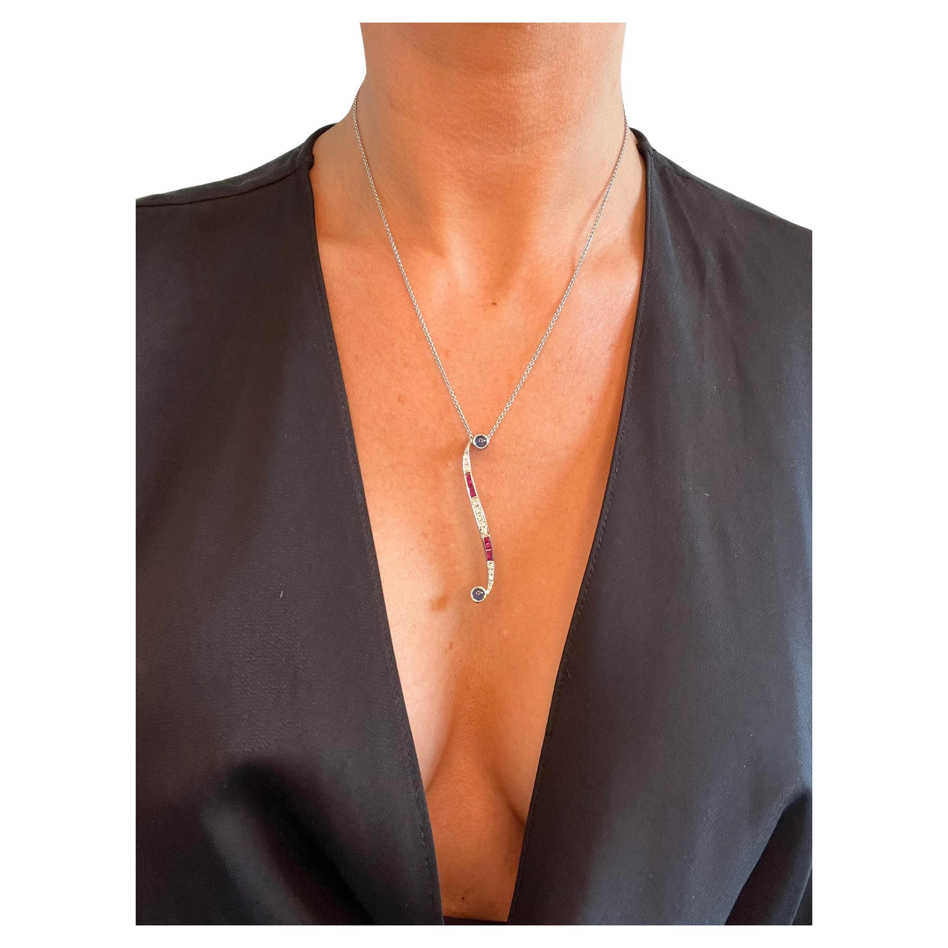 Contemporary Sapphire, Ruby, Diamond Pendant Necklace