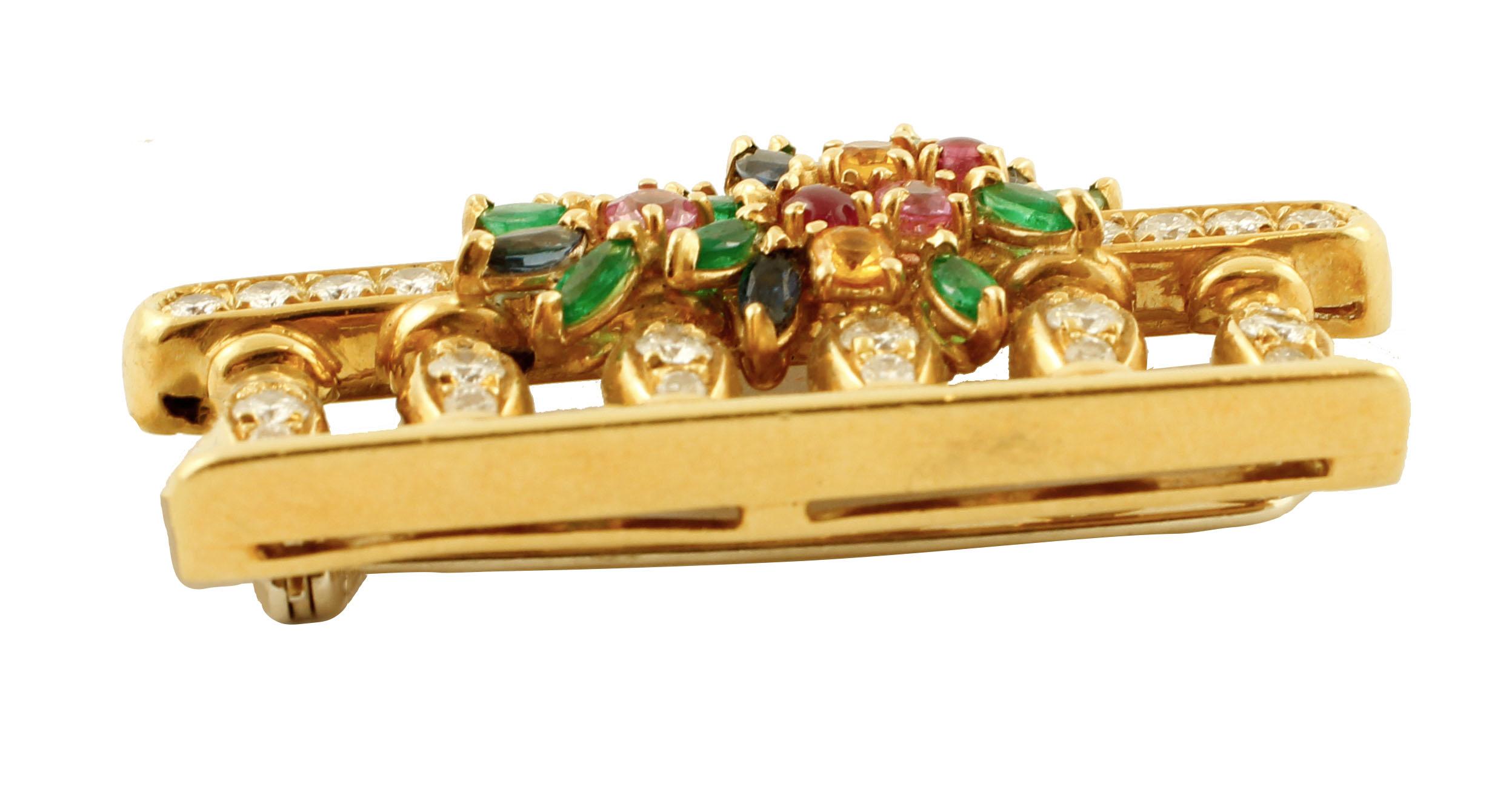 Women's or Men's Contemporary Sapphires Rubies Emeralds and Diamonds Yellow Gold Brooch