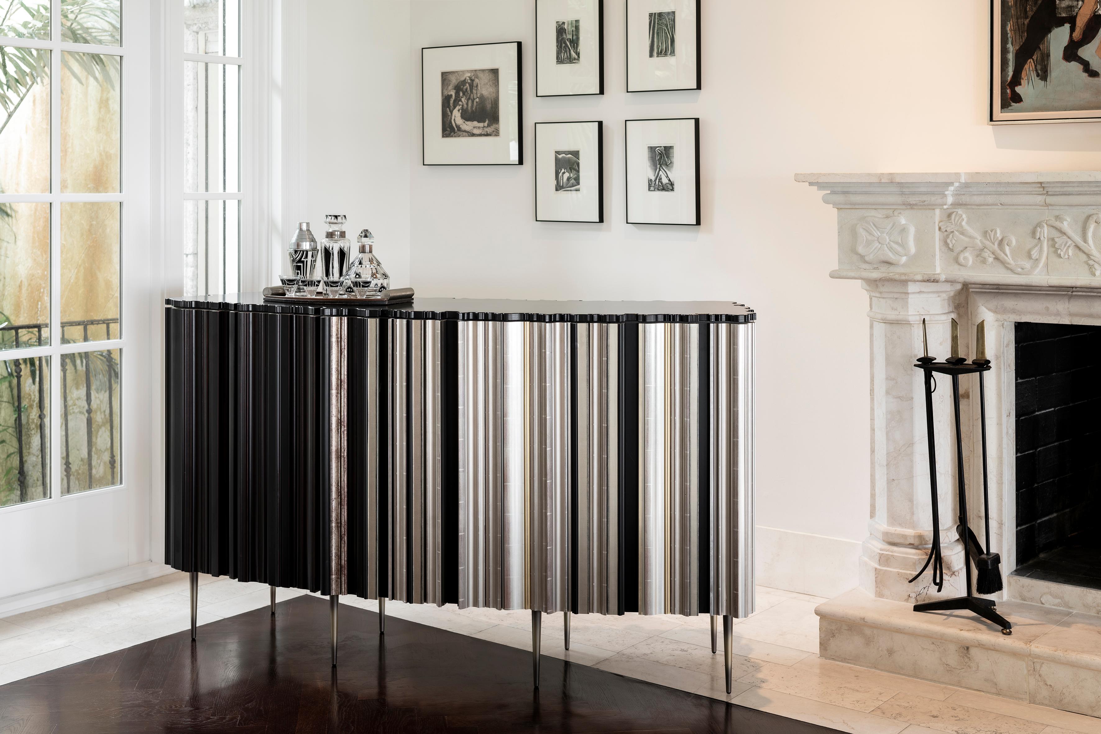 American Contemporary Satin Silver and Darkened Wood Curved Sideboard by Luis Pons For Sale