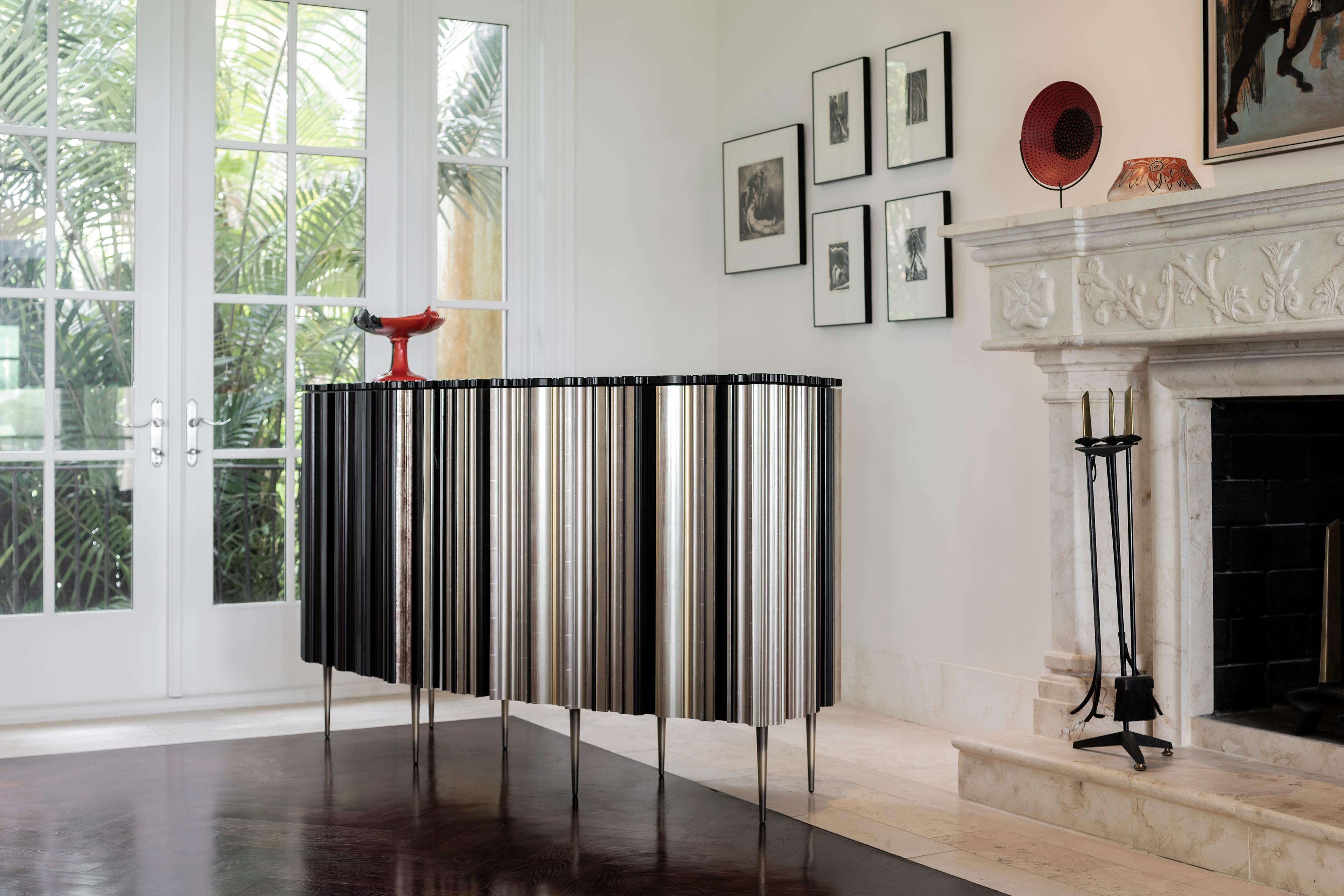 Contemporary Satin Silver and Darkened Wood Curved Sideboard by Luis Pons In New Condition For Sale In Miami, FL