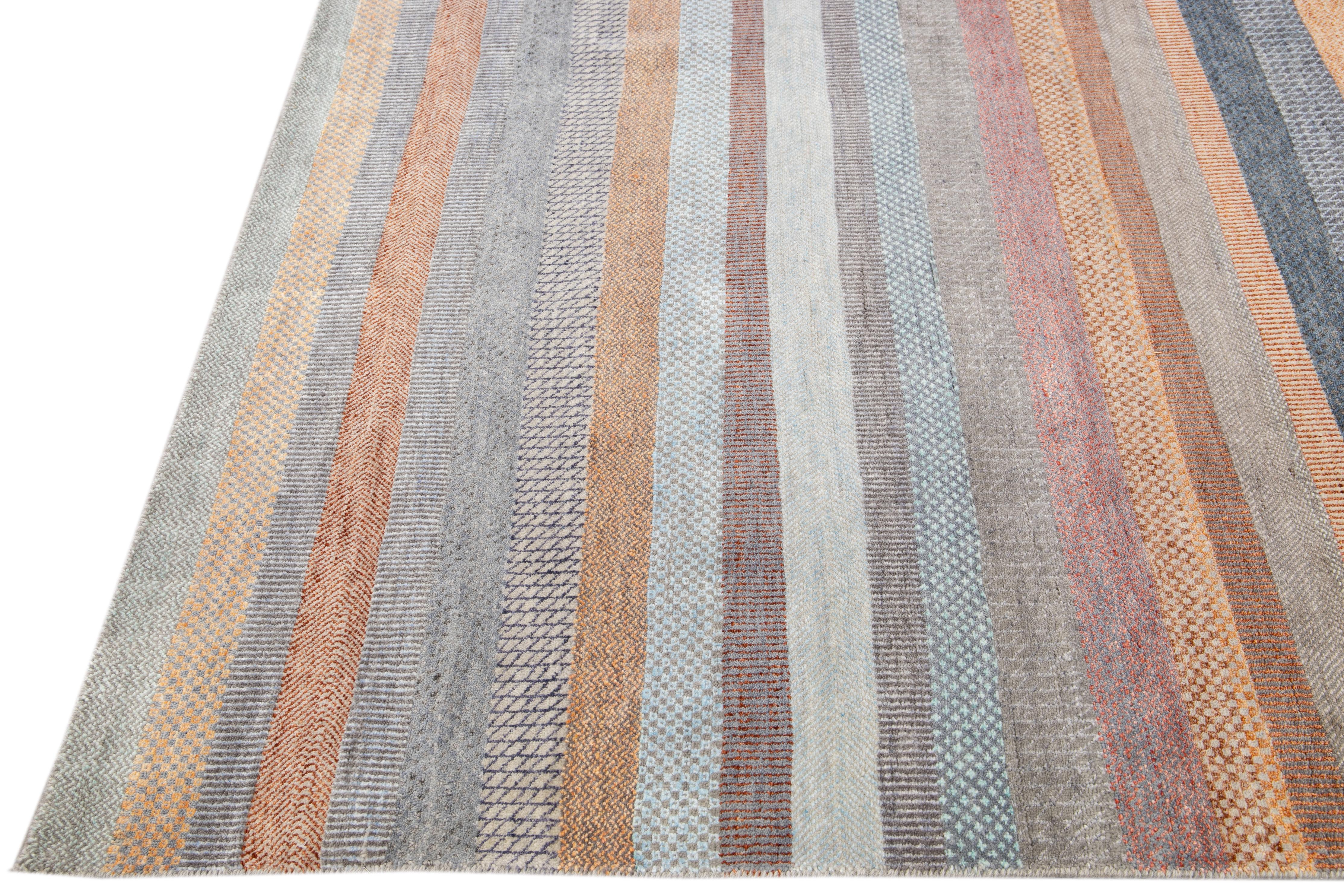 Indian Contemporary Savannah Handmade Multicolor Striped Pattern Oversize Wool Rug For Sale