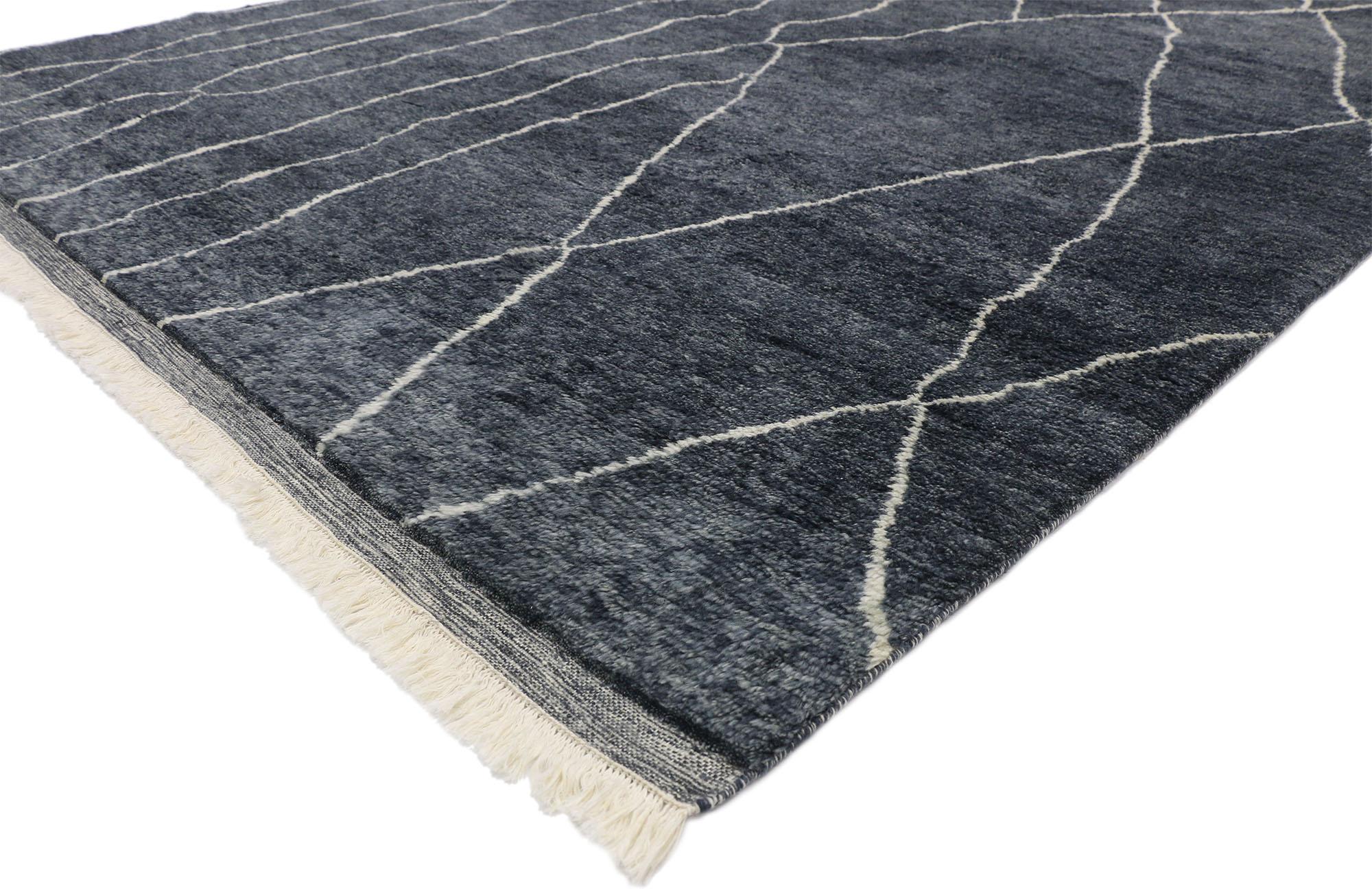 30474 contemporary Scandi Moroccan Area rug with New Nordic and Luxe Sultry style. This hand knotted wool contemporary Moroccan area rug showcases sultry dark backdrop with Stark lines that crisscross in an organic manner, creating an irregular
