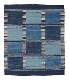 Moderner skandinavischer Wollteppich mit blauem Karomuster von Rug & Kilim, Indien