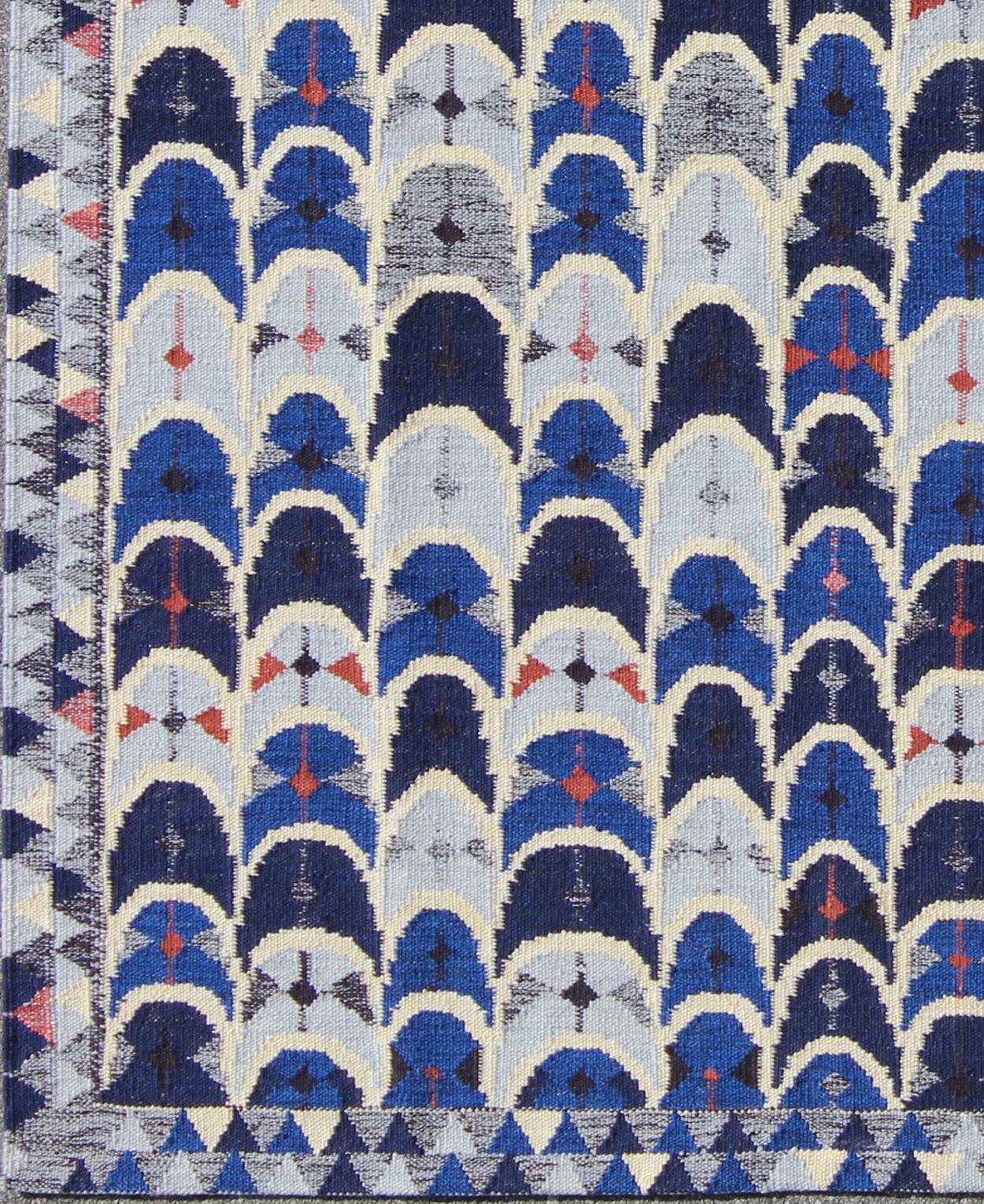 Scandinavian Modern Contemporary Scandinavian Design Flat-Weave Rug in Blue, Charcoal, Red