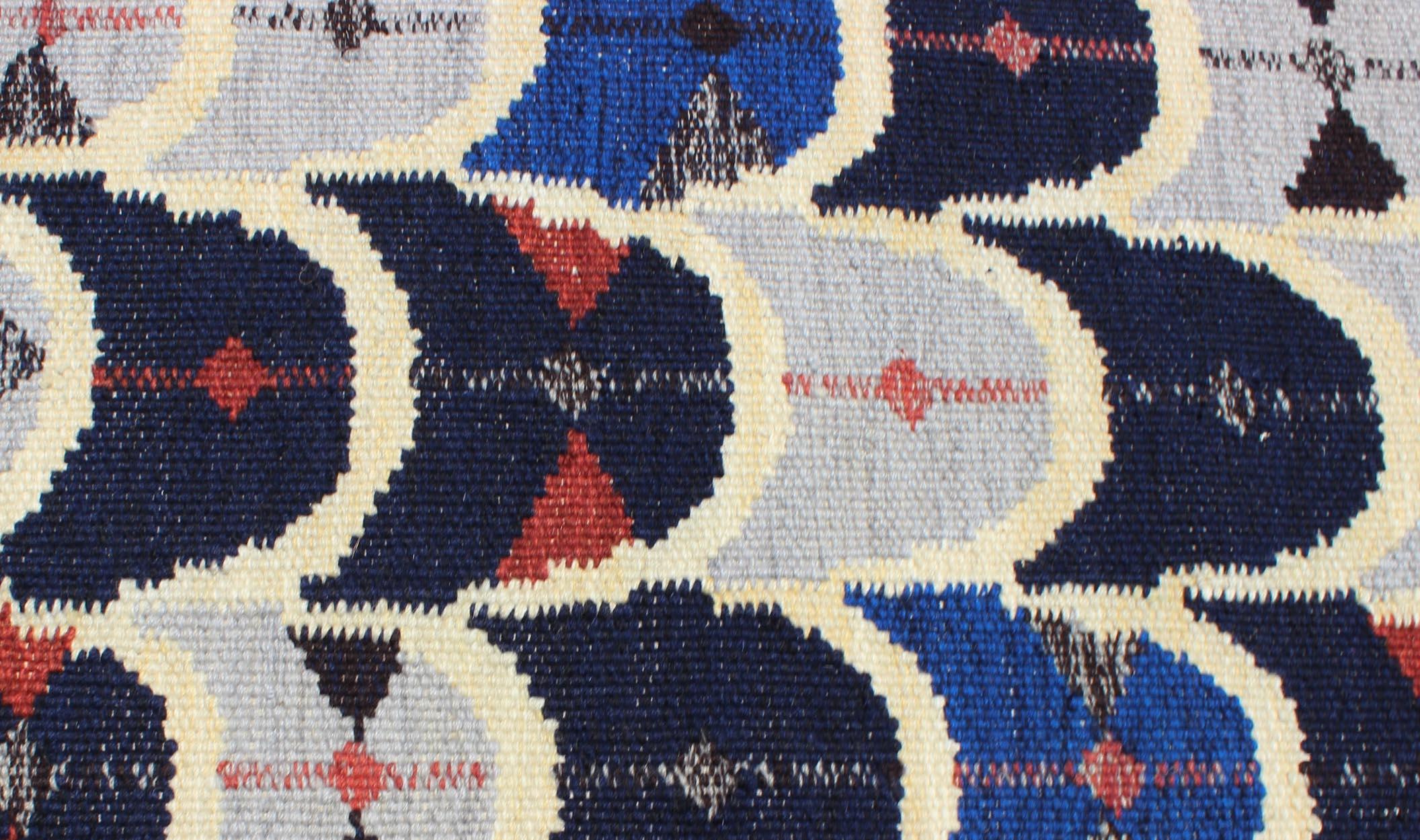 Contemporary Scandinavian Design Flat Weave Rug in Blue, gray, Charcoal, Red 1