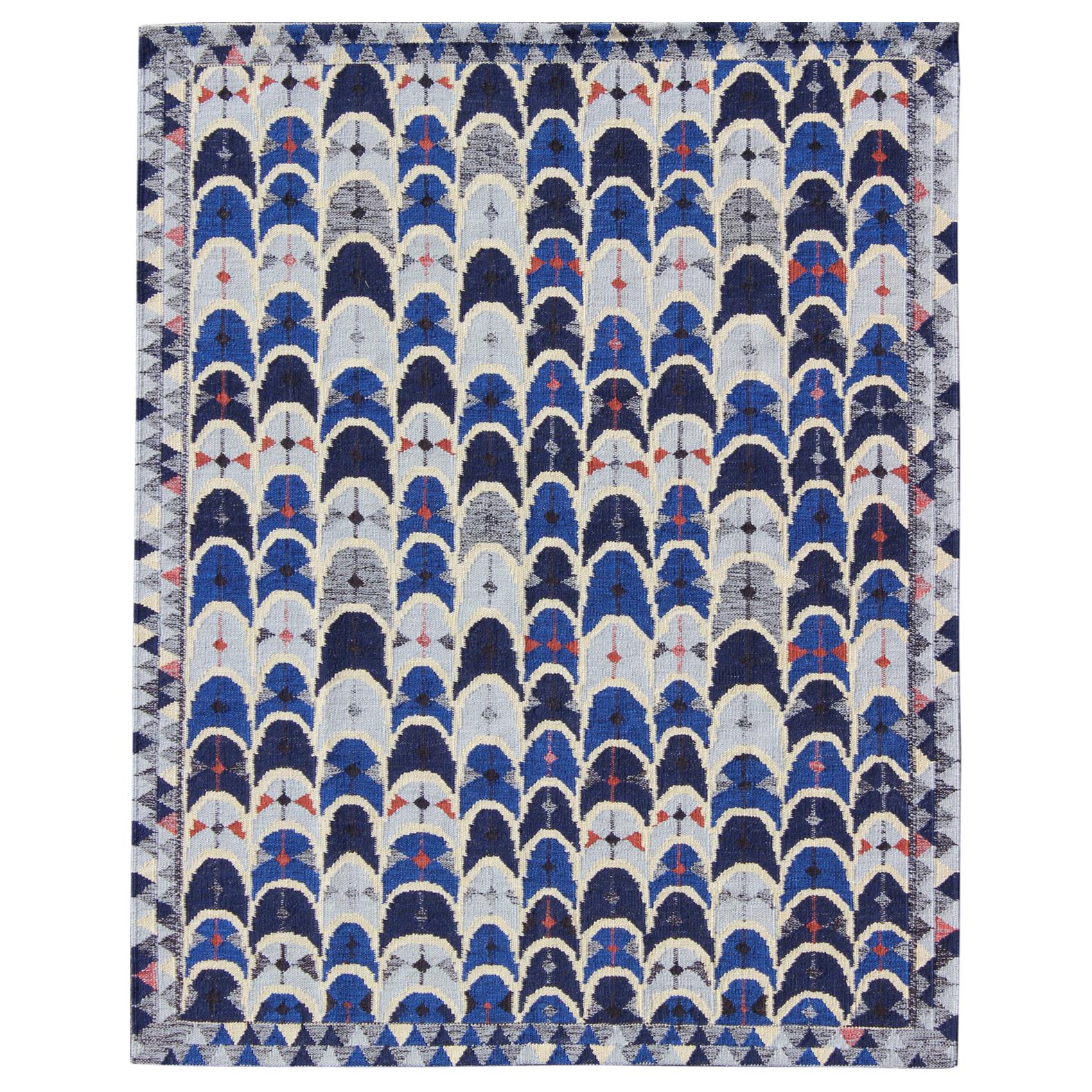 Contemporary Scandinavian Design Flat-Weave Rug in Blue, Charcoal, Red