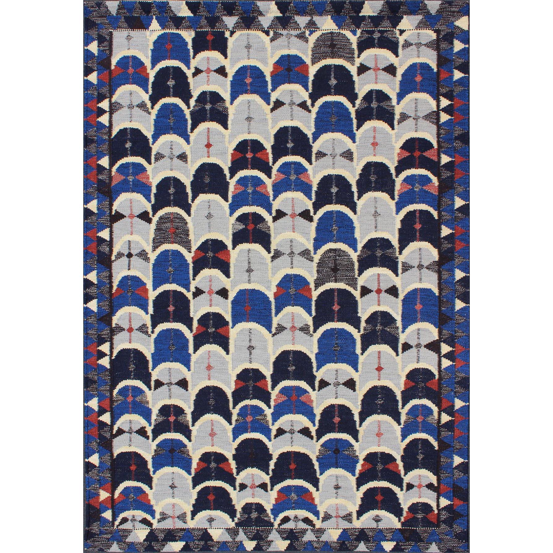 Contemporary Scandinavian Design Flat Weave Rug in Blue, gray, Charcoal, Red