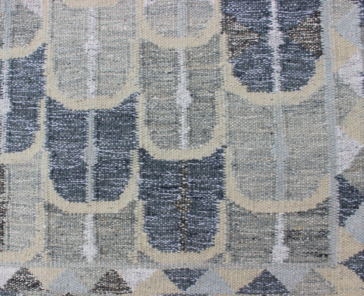 Contemporary Scandinavian Design Flat-Weave Rug in Blue, Cream and Grays 4