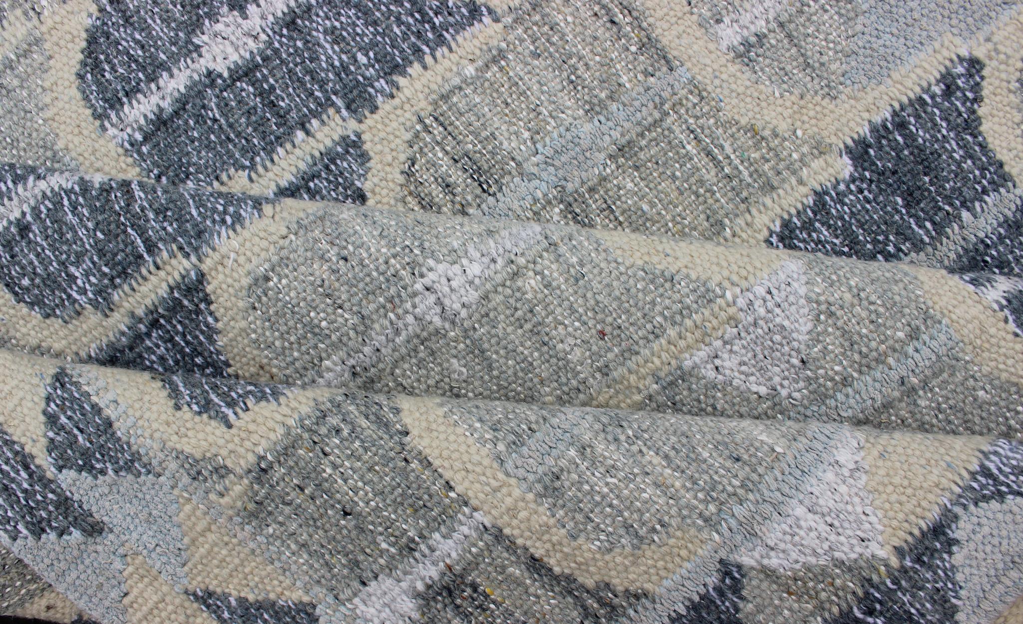 Contemporary Scandinavian Design Flat-Weave Rug in Blue, Cream and Grays 5