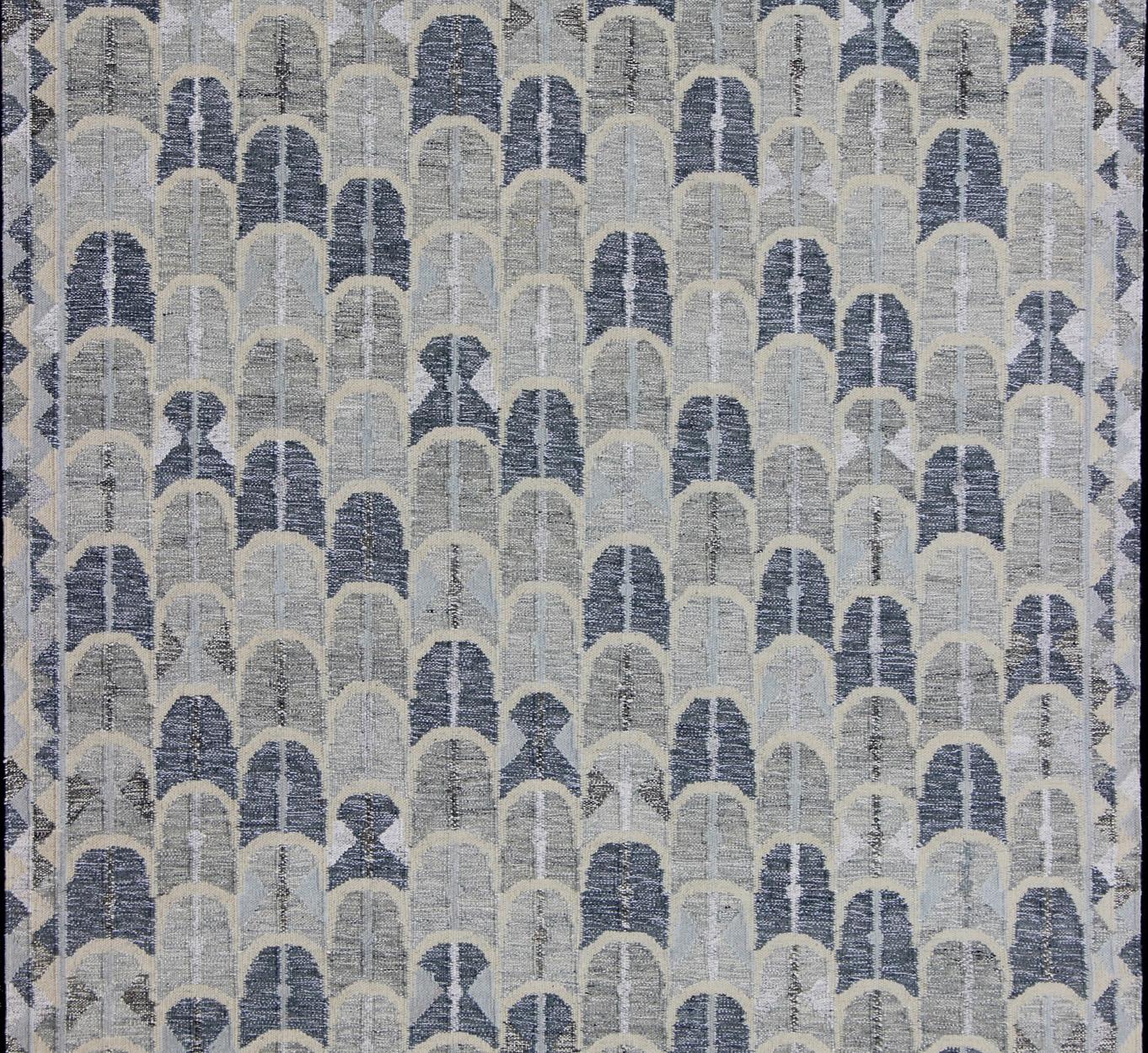 Indian Contemporary Scandinavian Design Flat-Weave Rug in Blue, Cream and Grays
