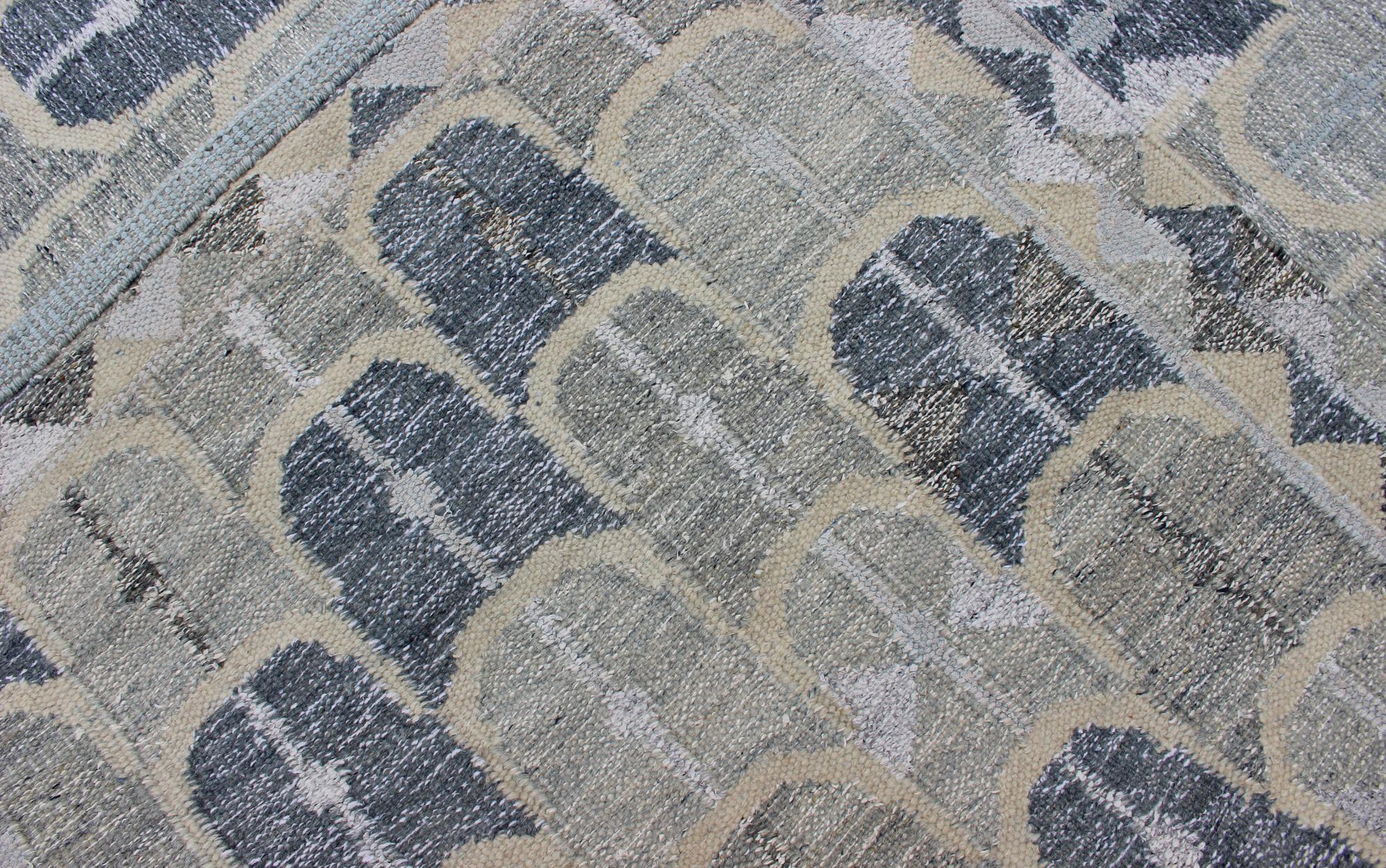 Hand-Knotted Contemporary Scandinavian Design Flat-Weave Rug in Blue, Cream and Grays